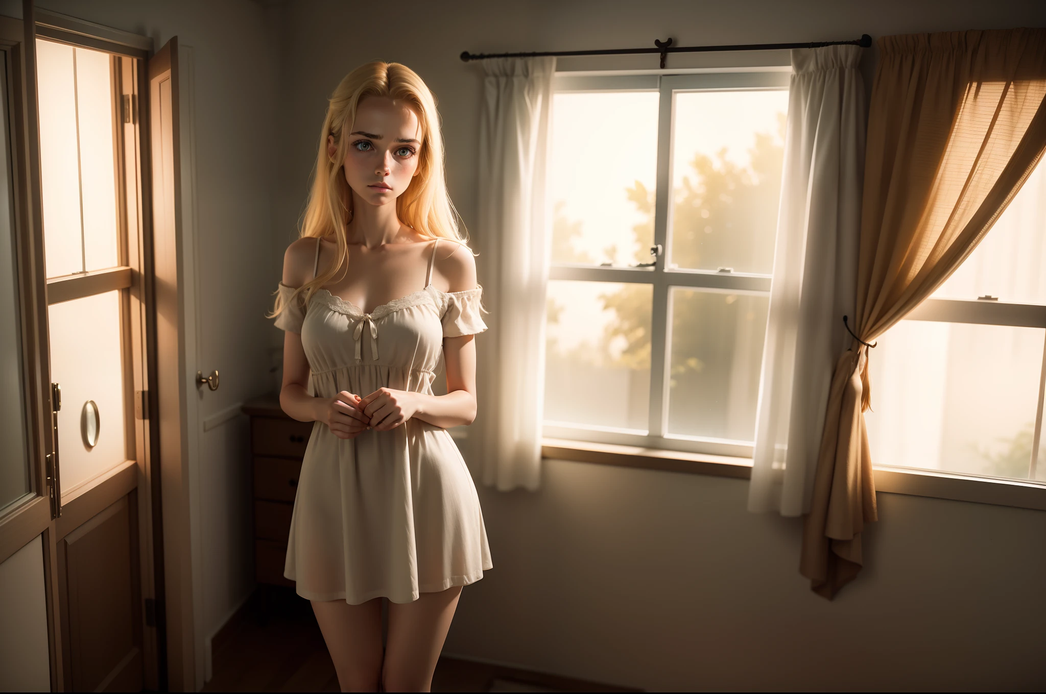 Very realistic and detailed 8k image of a 22 year old woman, thin body, pretty, blonde, dressed in a simple dress, holding a change of clothes, sad expression, interior of a beautiful bedroom from the 60's