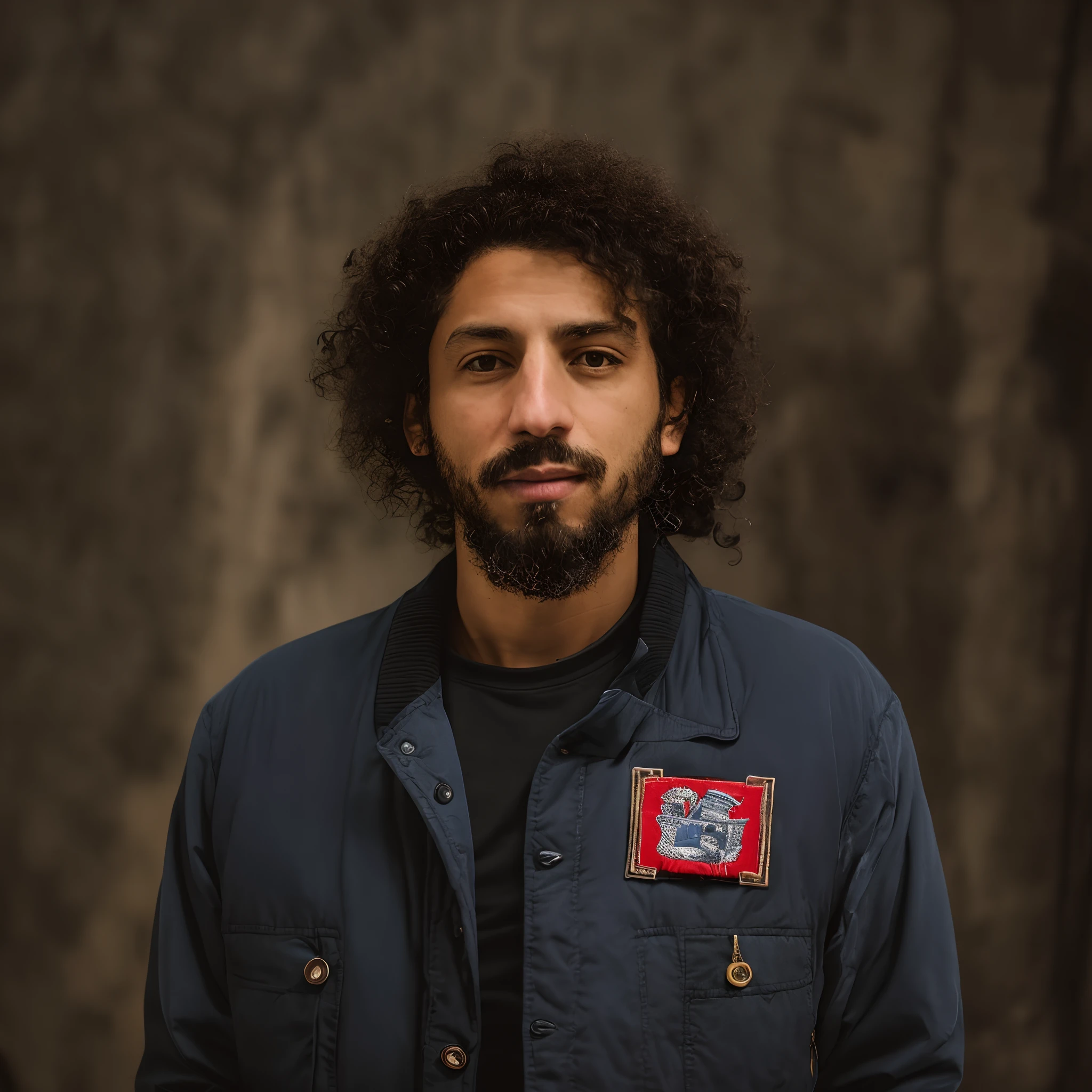 arafed man with a beard and a blue jacket with a patch on it, taken in the early 2020s, zack de la rocha, raden saleh, nekro petros afshar, riyahd cassiem, sayem reza, enes dirig, profile picture 1024px, a black man with long curly hair