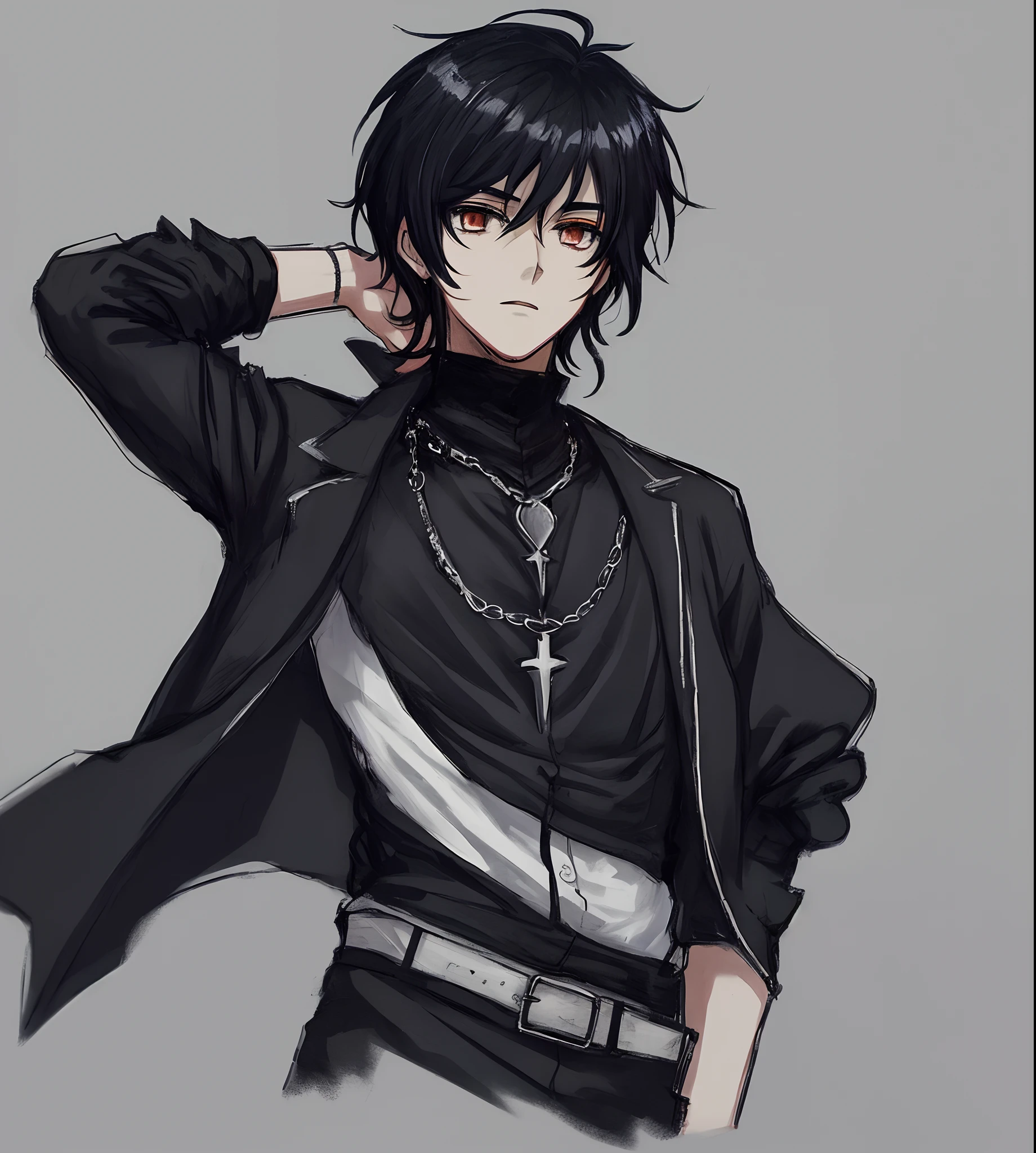 a close up of a person wearing a leather jacket and a chain, handsome guy in demon slayer art, handsome anime pose, anime handsome man, male anime style, male anime character, inspired by Yamagata Hiro, by Yang J, beautiful androgynous prince, detailed anime character art, tall anime guy with blue eyes, shigenori soejima illustration