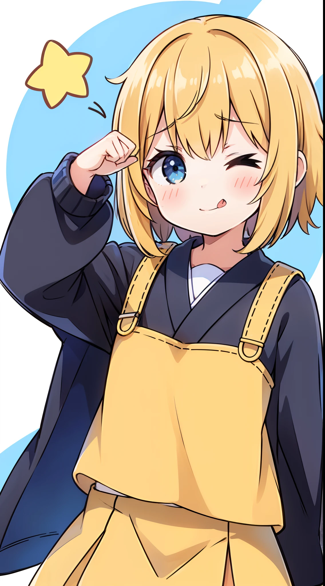 1girl, solo, best quality, ultra detailed, anime girl, Aijou Suranicha, short blonde hair, sidebangs, classic bangs, spring cut bangs, shiny ocean blue eyes, big eyes, white long sleeved shirt, orange skirt, upper body, plain background, vtuber model, tehepero, dojikko pose, arm up, licking lips, one eye closed, ;q, >_o, star \(symbol\), clenched hand