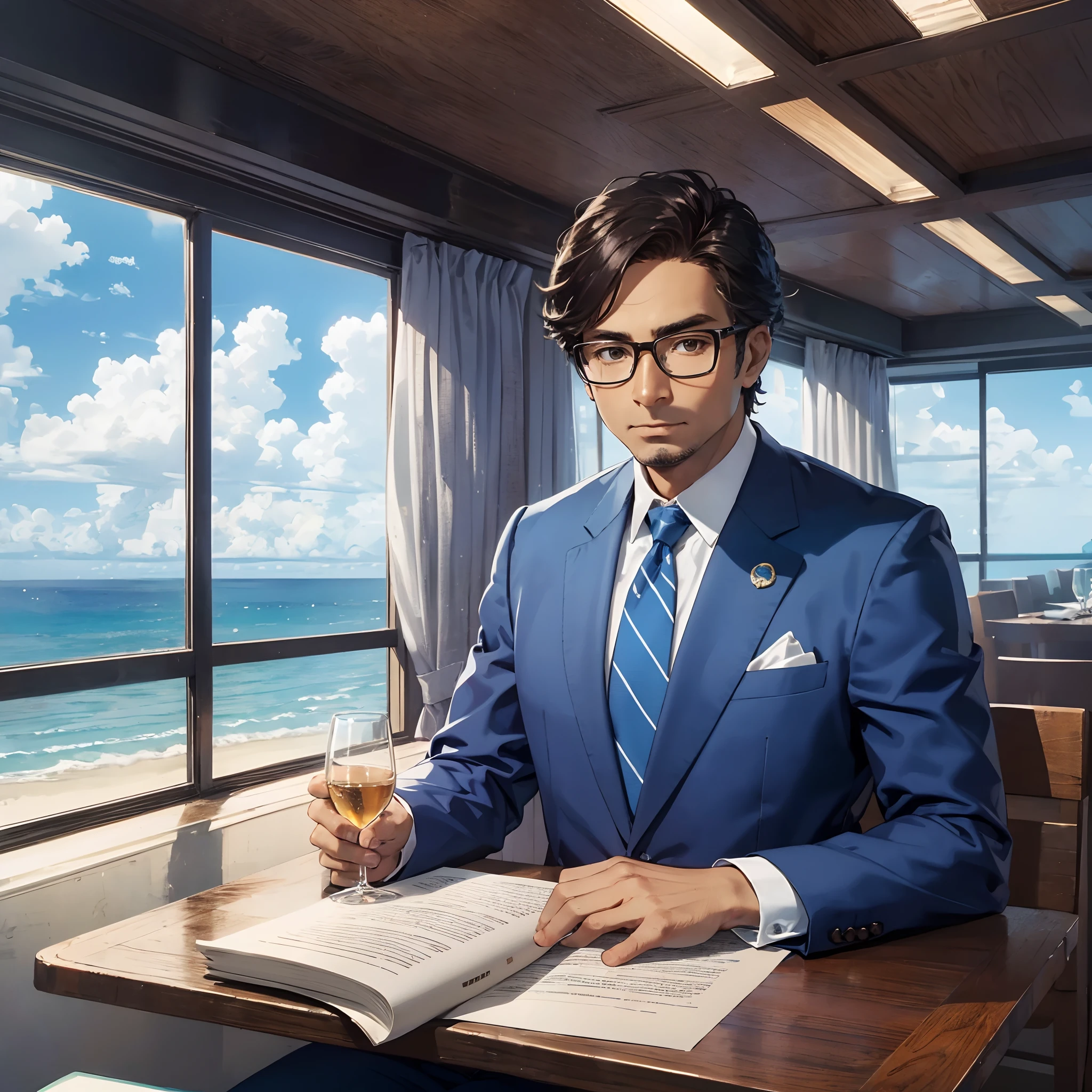 Brown man in a blue suit, Federal Judge in Brazil, with glasses, light blue suit and with a glass table overlooking the sea --auto --s2