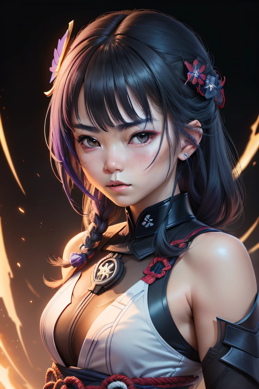 1girl, raiden shogun (genshin impact),  indifferent, reflective hair, upper body close up, looking at you, textured hair