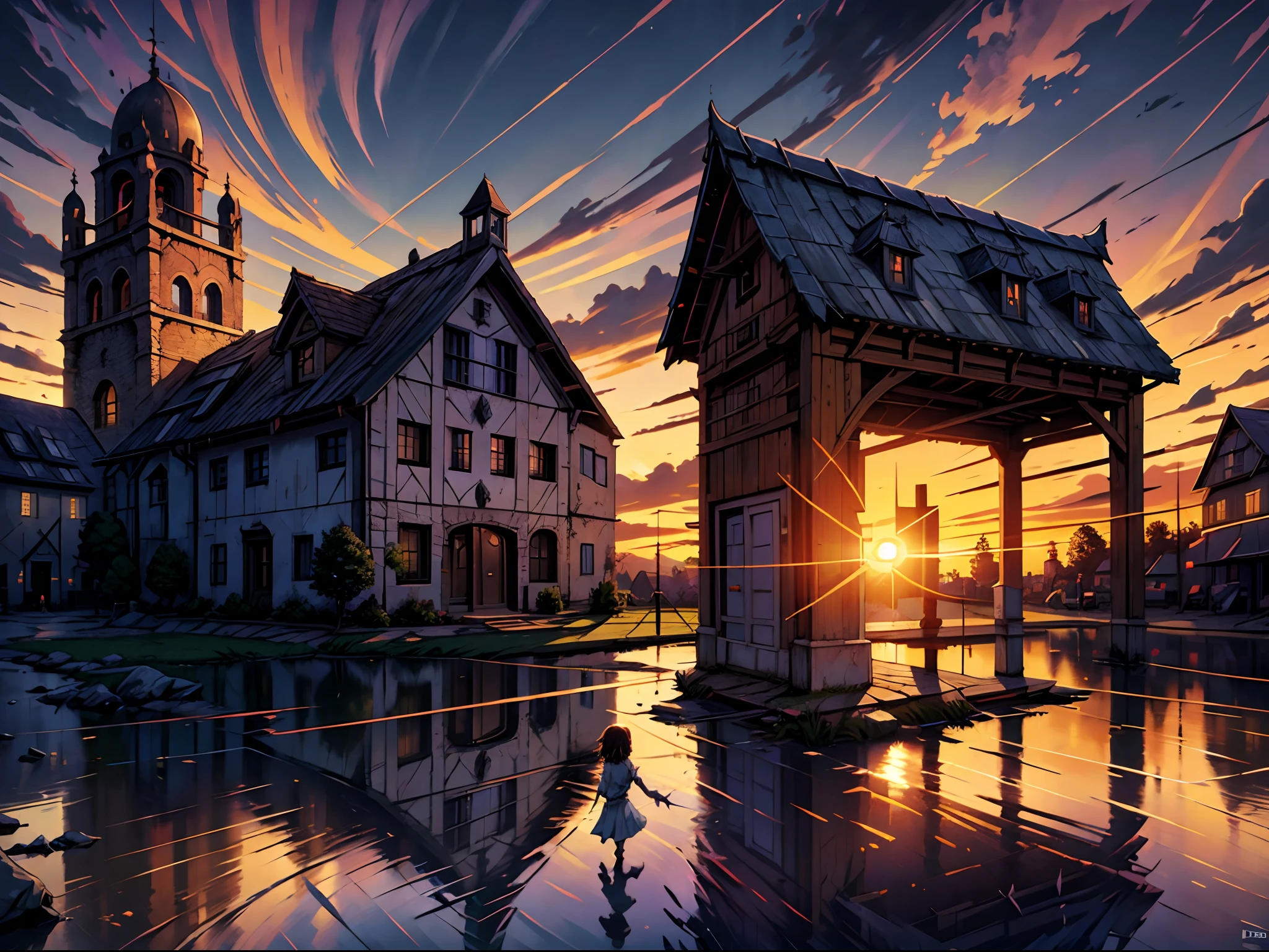 Children playing in the village, imagination, (realista), clear sky, compositing, sun sunset, (HDR:1.5), ao ar livre, detalhes intrincados, --auto