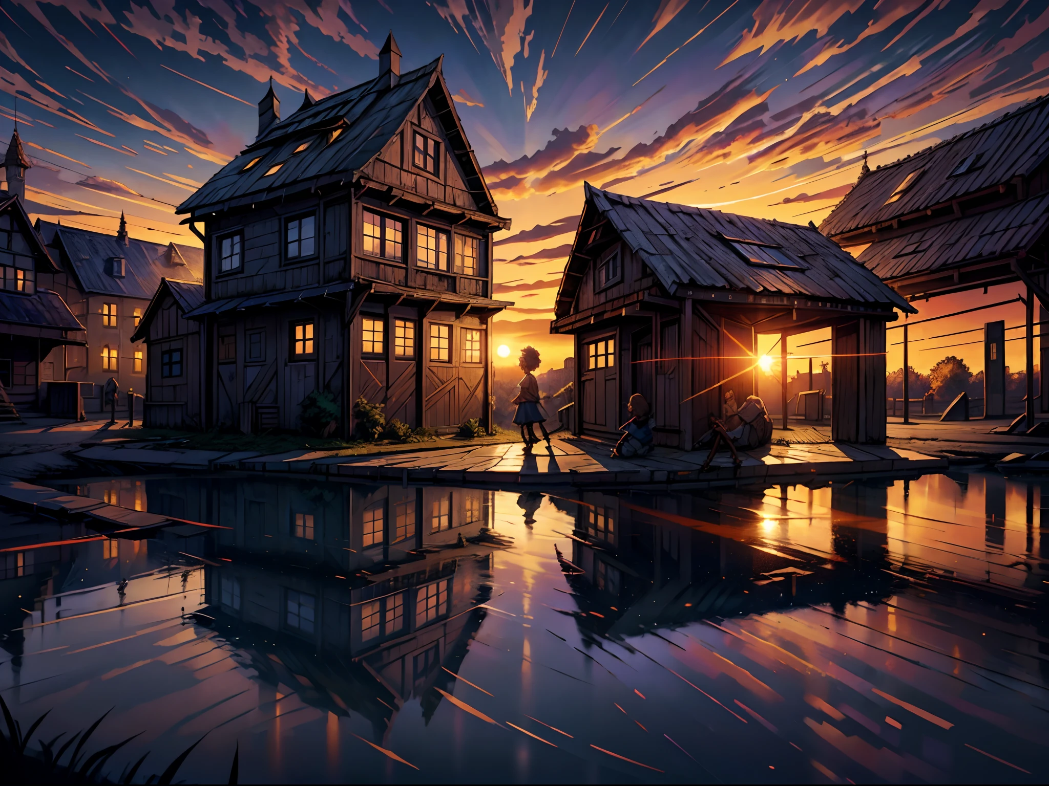 Children playing in the village, imagination, (realista), clear sky, compositing, sun sunset, (HDR:1.5), ao ar livre, detalhes intrincados, --auto