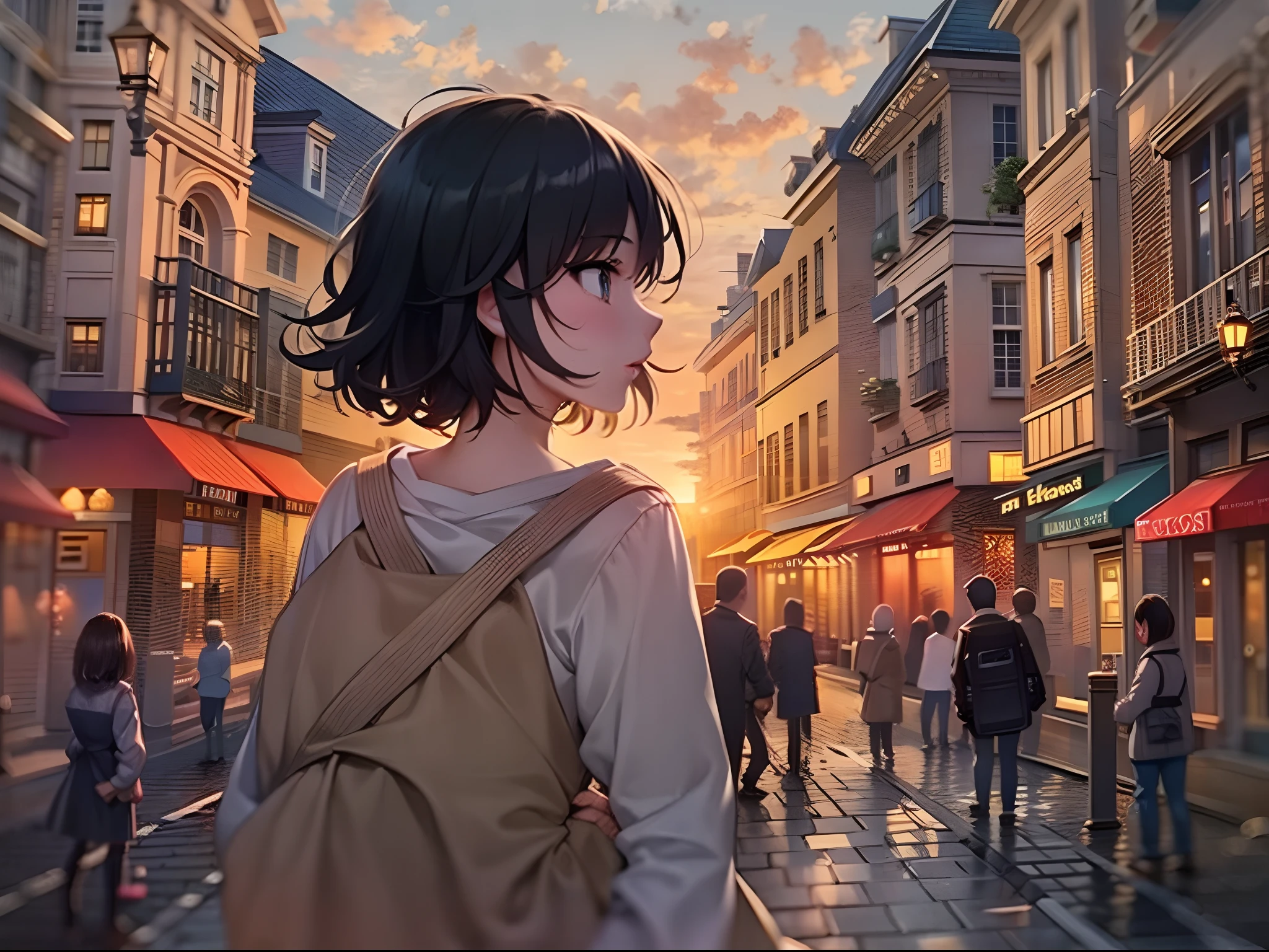 A girl with short black hair、Sunset walking through beautiful European cityscape。Her deep emotions overflow、The landscape of the mind is depicted as if it were art。