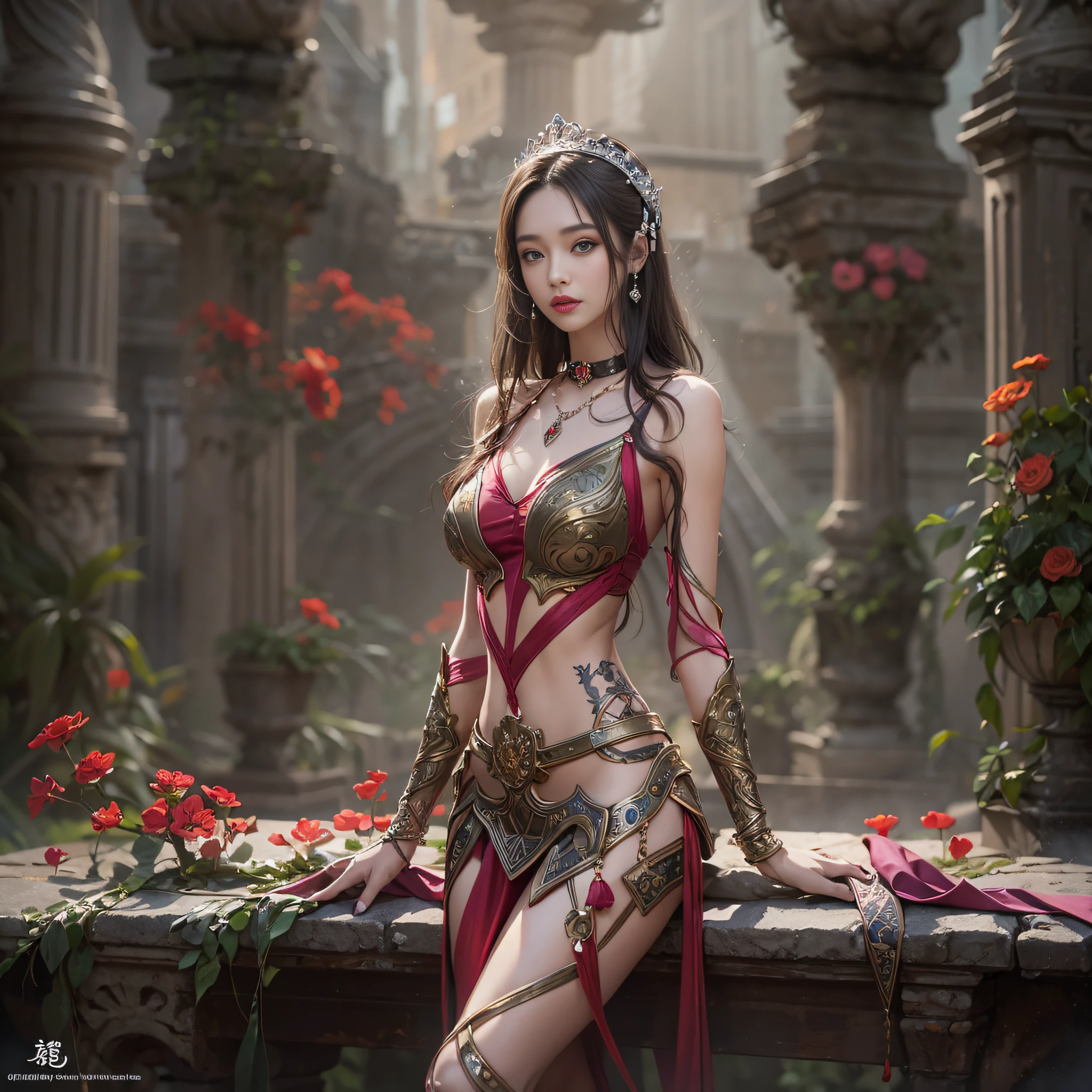 ((masterpiece:1.4)、(top-quality:1.4)、(reallistic:1.7))、Beautiful girl strolling in the garden of fantastic ancient city、Sexy Daughter、Super beautiful girl、1girl in:1.4、Dress like a queen、Glossy luxury latex、Luxury Latex Bodysuit、By Luis Royo、age19、Super Ultra Ultra Bikini、Cute tattoos、Outstanding style、(Two legs are drawn correctly:1.7)、(Two arms:1.4)、anatomical correct、Slender Abs、(beauty legs:1.4)、beautiful countenance、kawaii faces、Beautiful ass、A detailed eye、beautidful eyes、Raw photo、red-lips、Red high heels、a choker、a necklace、耳Nipple Ring、Fantasy of an ancient city、Fantasy worldview