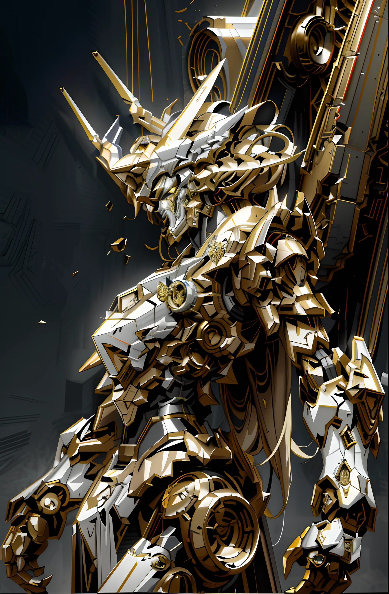 There was a robot standing up with a sword, gold paladin, style of raymond swanland, alexandre ferra white mecha, greek god in mecha style, gold heavy armor. Dramatic, inspired by Raymond Swanland, mecha art, cool mecha style, inspired by Marek Okon, Alexander Ferra Mecha, gold and steel intricate