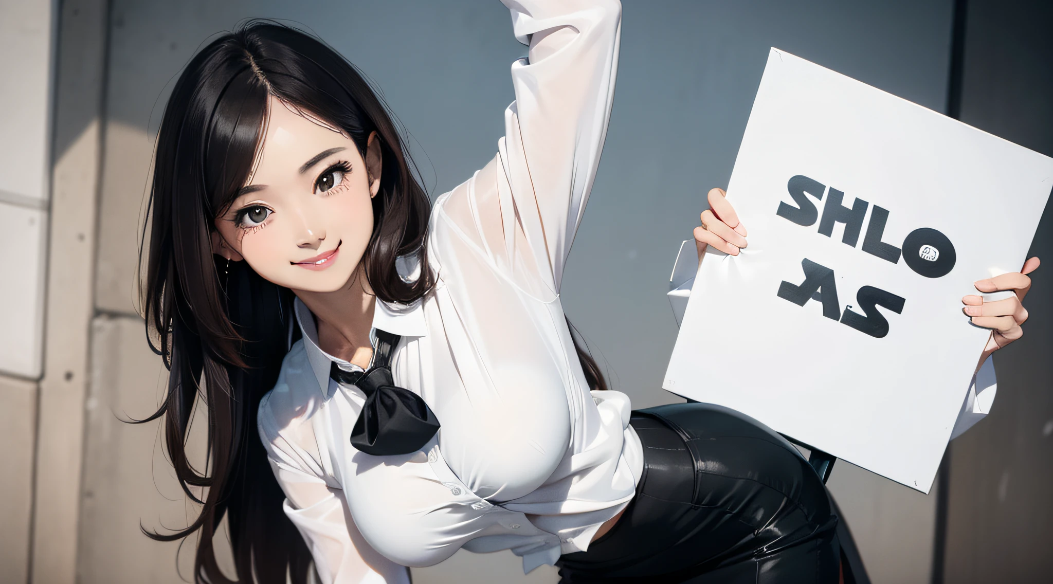 a woman,(solo:1.5) smile, medium breast, dynamic pose, model pose, white blouse, black pencil skirt,Holding_Sign, large signboard