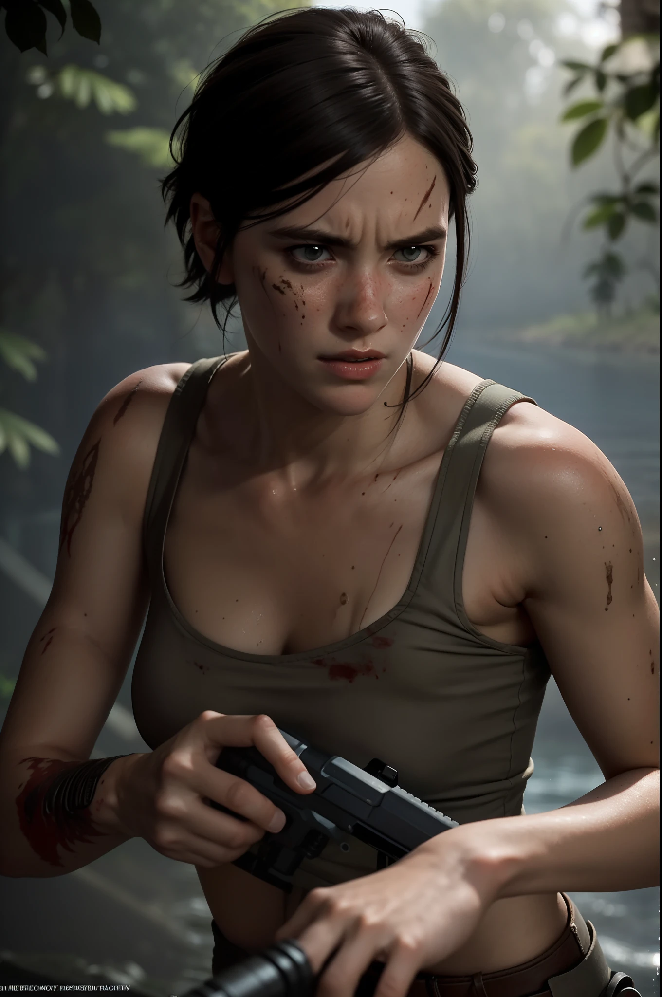 a photo action shot of Ellie with a velociraptor blue hunting , beautiful, sweaty, sweat glistening, science fiction movie, old scars, suspended movement, slow motion, visual flow, rough and tumble, dirt flying, pale, piercing eyes, (highly detailed:1.1), dramatic, hi-res, (film grain), high ISO, 35mm, gorgeous, outdoor lighting, perfect face, delicate features, bloody nose, rusty tattered and dented metal parts, wasteland, dramatic rim lighting (best quality:1.33), (masterpiece:1.42), (realistic:1.24), (detailed:1.15), wearing sexy lacy transparent cover-ups, short black hair, splashes of water, river, jungle, dynamic pose