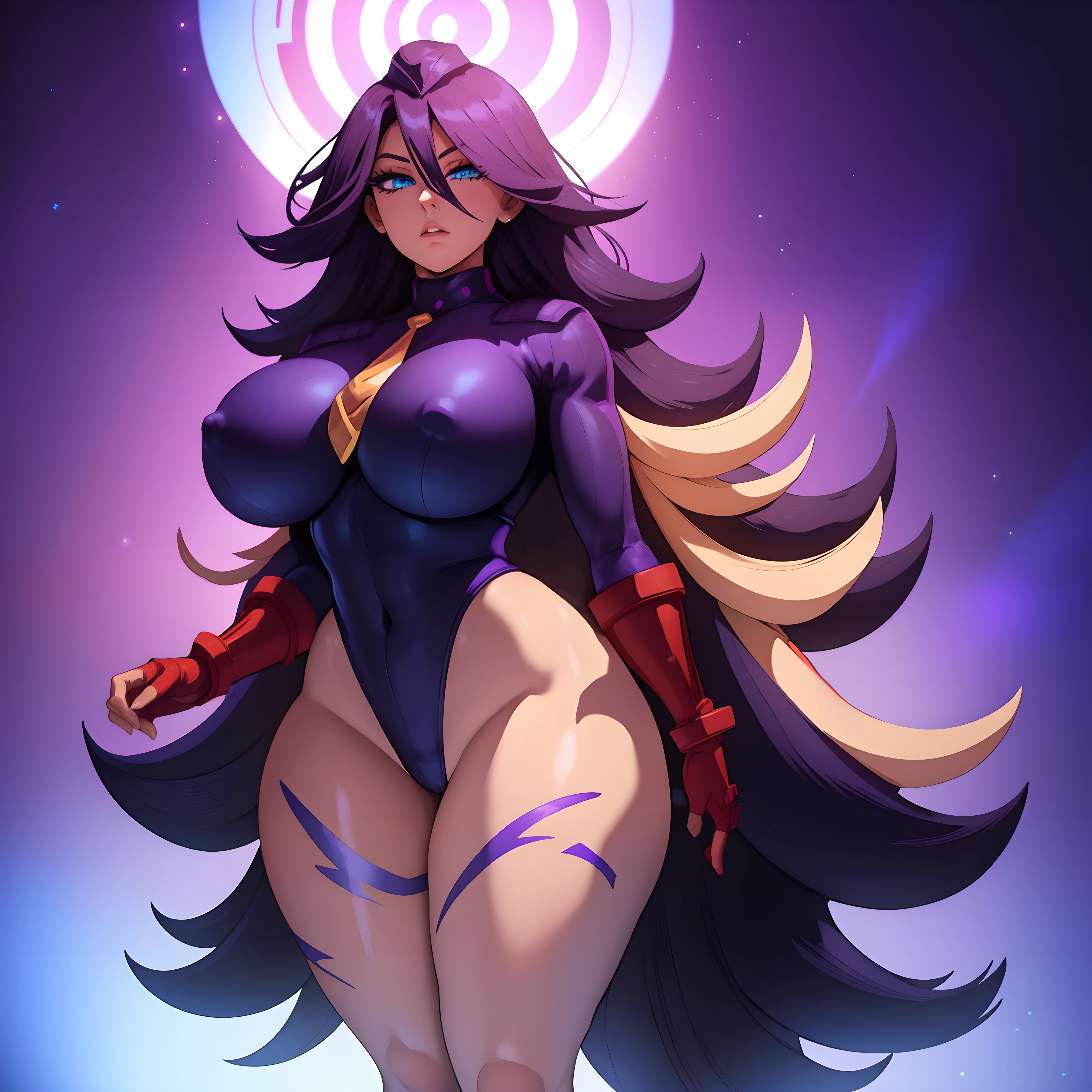 Midnight from my Hero academia, she has huge breasts, thick thighs and wide hips, midnight is wearing a dollsuit that shows off her curves, midnight has been hypnotised by a villain, her eyes resemble spirals, midnight stands stiffly at attention, the image is in breathtaking 16k and hyper detailed, the image features platform heels,