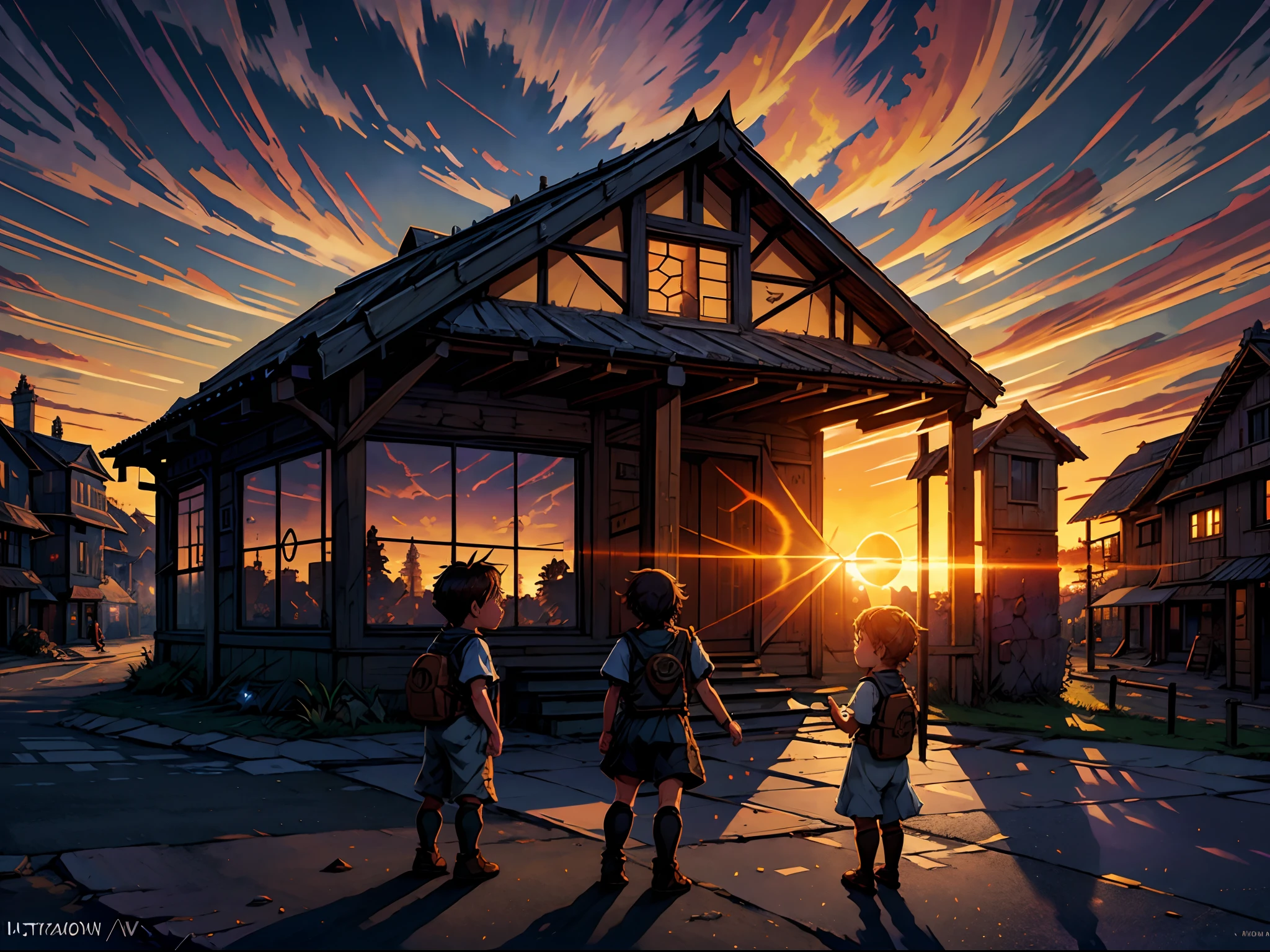Children playing in the village, imagination, (realista), clear sky, compositing, sun sunset, (HDR:1.5), ao ar livre, detalhes intrincados, --auto