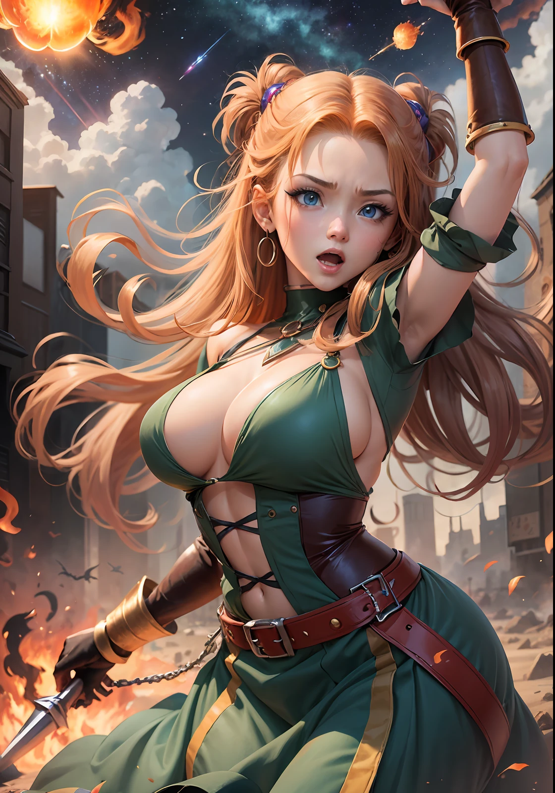 Dragon Quest Wind World、Glamour girl、Red-headed twin-tailed、Sorcerer、Unleash a huge fireball in the heavens、huge-breasted、Blue shirt、long skirt、battle action、