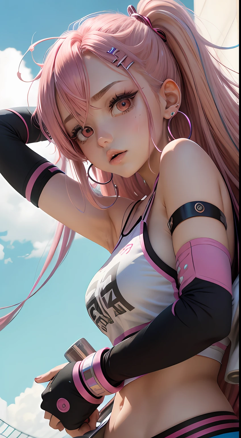 pink hair, gradient hair, messy hair, hairpin, hairclip, elbow pads, star hair ornament, raised eyebrows, multicolored eyes, hoop earrings, moaning, torogao, anime style, from below, chromatic aberration, UHD, 8k