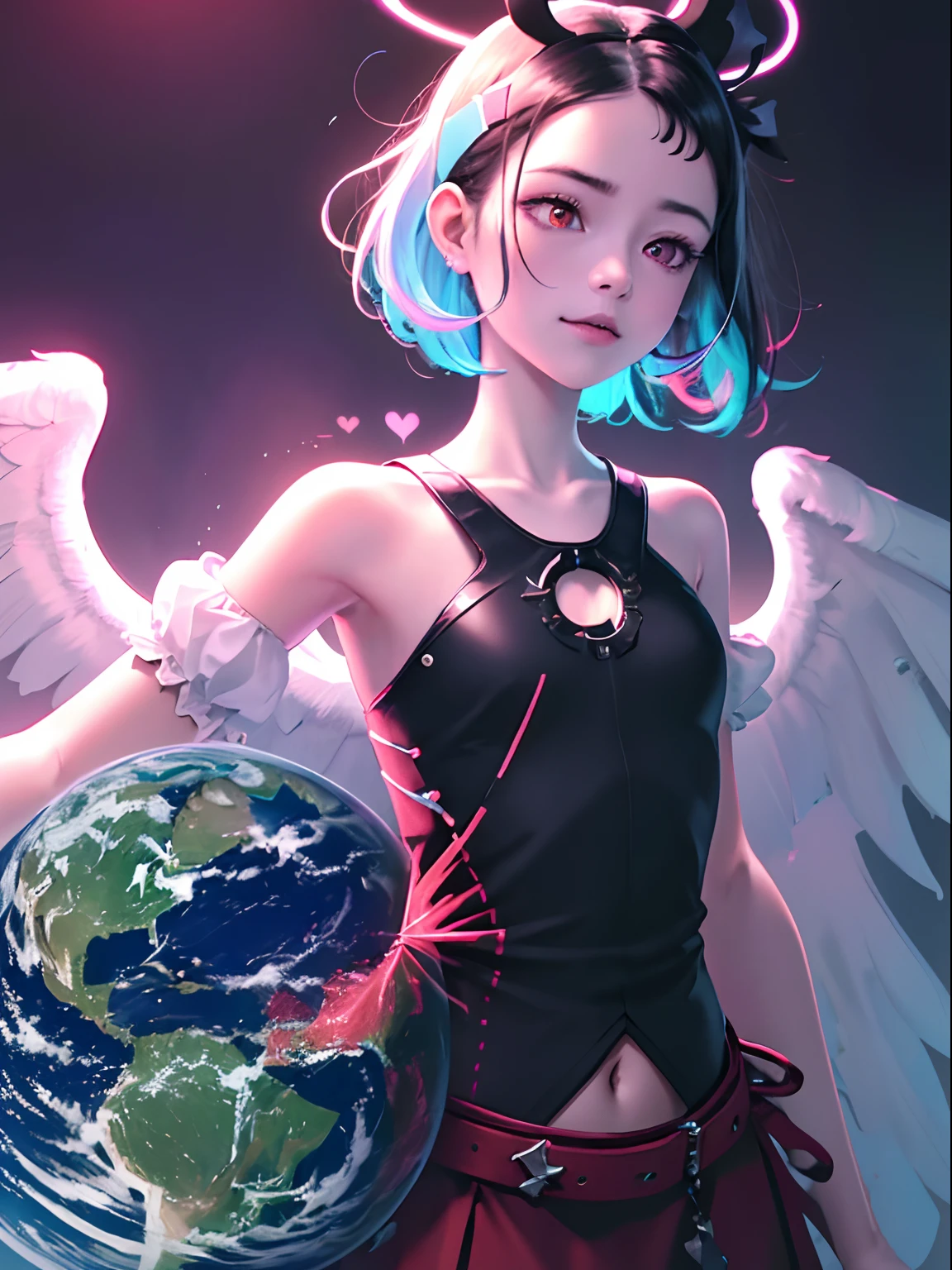 child, (small:1.5),(Highest picture quality),(Master's work), (ultra-detailed),(Detailed eye description:1.2),(floating colorful wind:1.4),(upper body:1.5),(manny colorful clouds and thorns and spikes:1.0),(clouds sea:1.4),(lens flare:1.3),(smile:1.2), ,(movie poster:1.0),(Tarot border:1.2),a girl dress,(red armor:1.3), (eyelashes), ((formal,military)),(skirt:1.4),(multicolored floating ribbon:1.3),(crystal magic:1.3),(thigh bands),(black hair:1.5),(short hair:1.6),the portrait is centered,(from below:1.1),(close-up:1.2),(chaotic geometric images:1.3),(nagative space:0.8), (negative space:1.6),(drawing board:1.3),(halo:1.3),(ether colorful ink flowing:1.3),(red eyes:1.5), ((reflection, (neon lights:1.5))), ((colorful, multicolored)), night, (forehead:1.5), sky, shiny, ((solo)), , (long coat:1.2), , (asymmetrical hair:1.4), head wings, ice wings, (missb0tez:0.5) (4ndreab0tez-1850:0.5), armpits, (beautiful detailed glow:1.1),