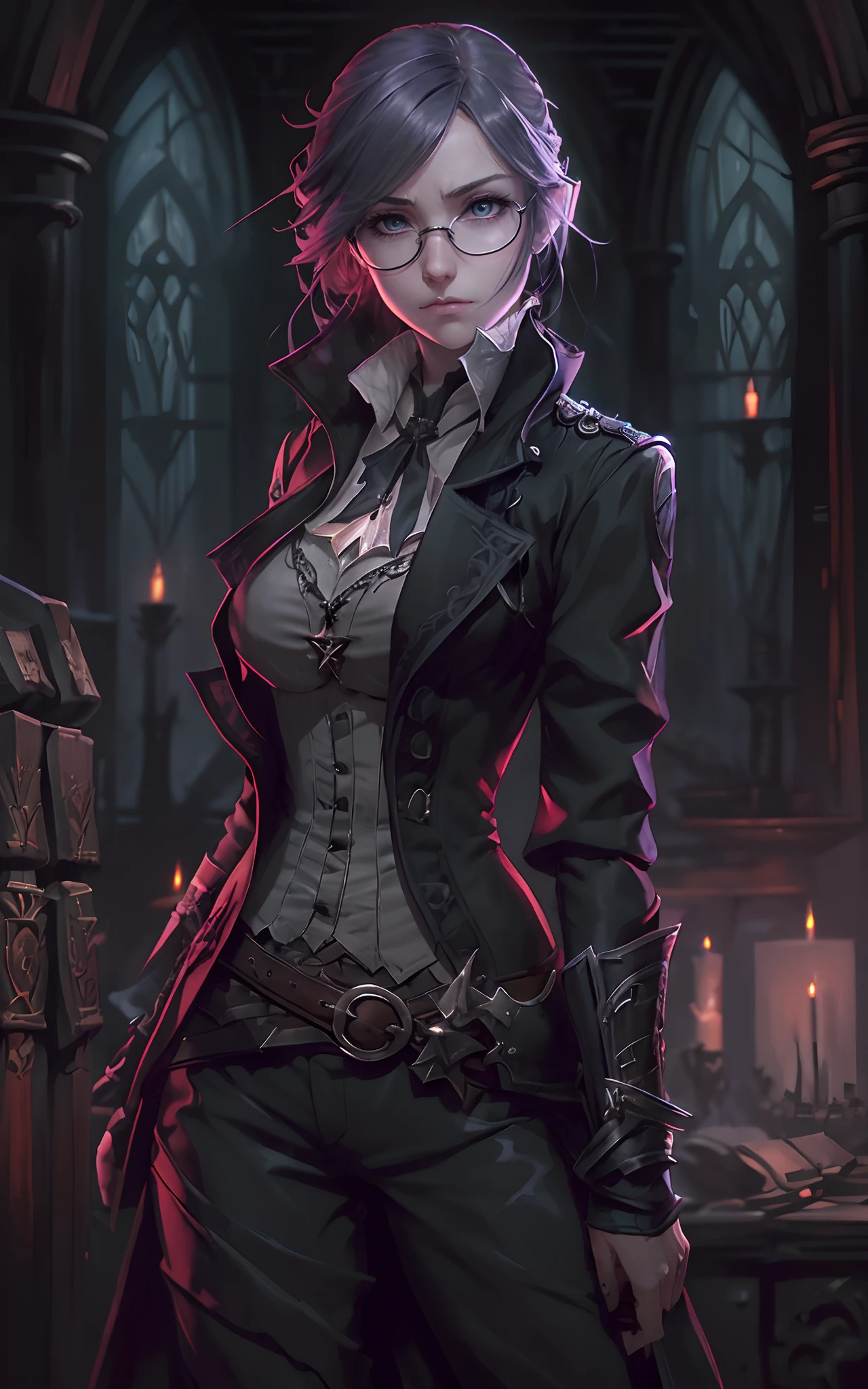 (portrait, face focus:1.3),(/(darkest dungeon/) style:0.5),fantasy, dnd, (1girl, tired:1.2), angry, skinny, thin, vampire, kingsglaive garb, detective outfit, victorian outfit,glasses, ((dark crypt background)), white warm illumination, realistic anime artstyle