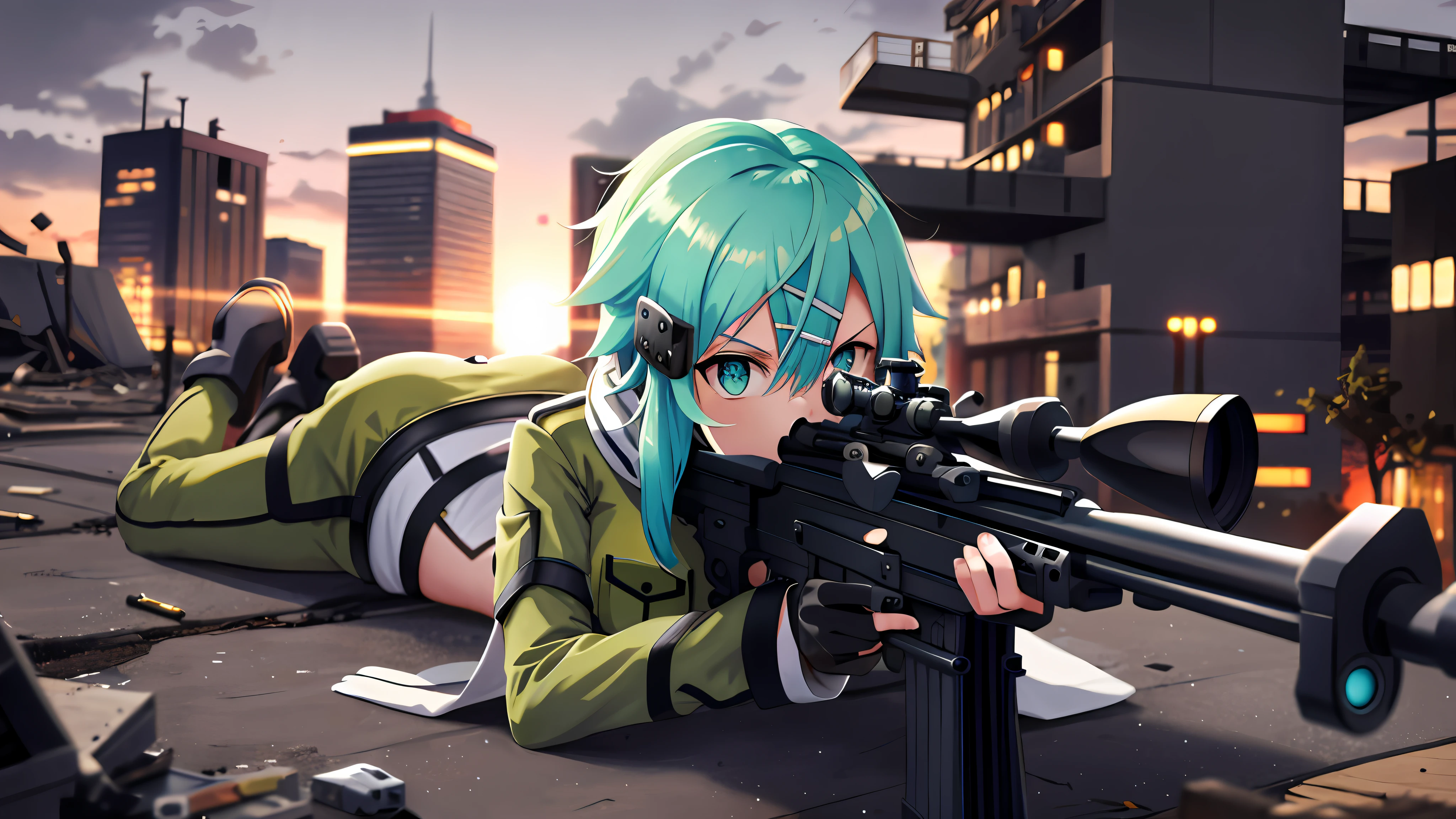 masterpiece, best quality, highres, 1girl, sinon1, scarf, fingerless gloves, long sleeves, short black shorts, hair ornament, hairclip, green thighhighs, green jacket, thigh strap, cowboy shot, holding weapon, sniper rifle, ruins, sitting, (sword art online), scoping, using the sniper, holding the sniper rifle, looking in scope, looking into the sniper rifle scope, shooting, hdr, urban, rooftop, collapsed buildings, war, catastrophe, disaster, serious, cold, glowing eyes, superpower, focusing, focus, bullet, shooting, barrel flash, explosion, firing, firing her sniper rifle, firing her gun, gunshot, pervert, cute, chaotic, full body, from behind, looking the other way, nice booty, laying down