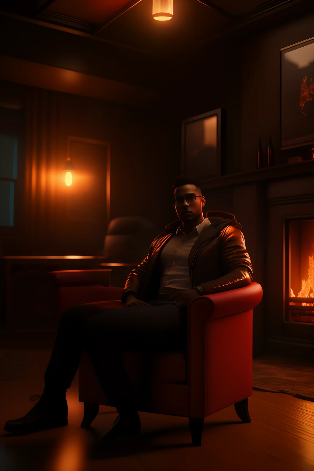 there is a man sitting in a chair in a room with a fire place, with cinematic lighting, cinematic soft lighting, arnold maya render, ps5 cinematic screen capture, moody cinematic lighting, realistic soft lighting, red and cinematic lighting, detailed cinematic lighting, dramatic lighting render, detailed textures and lighting, rendered in sfm, highly detailed soft lighting, arnold 3 d render