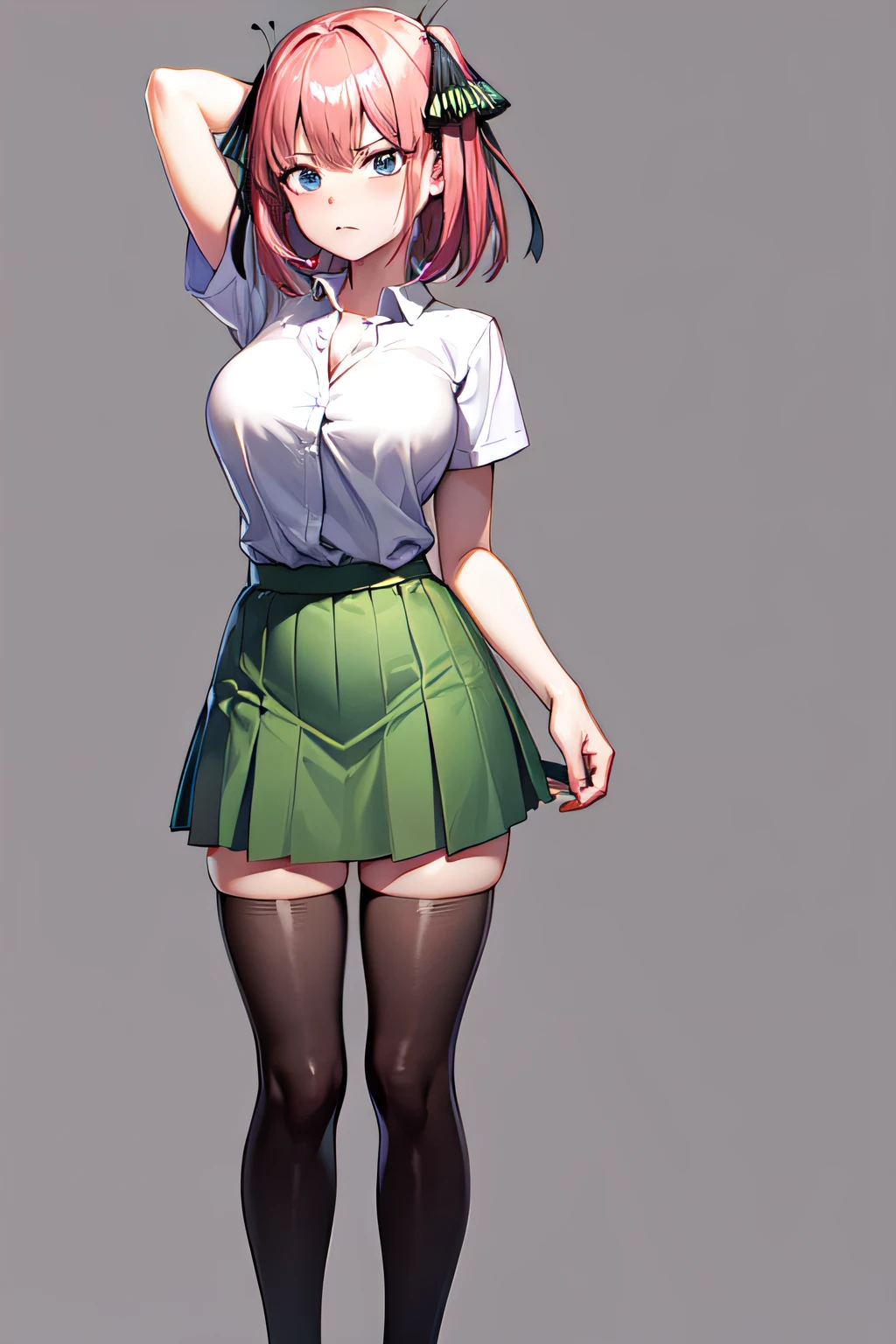 masterpiece, best quality, highres, Nakano nino, 1girl, solo, pink hair, short hair, busty, butterfly hair ornament, large breasts, cleavage, green skirt, white shirt, collared shirt, open clothes, black thighhighs, short sleeves, skirt lift, looking at viewer, annoyed, blush, full body, standing, simple background, arms behind head, (erotic pose:1.4)