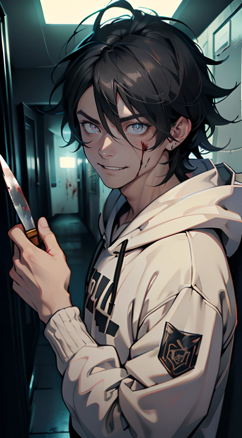 (tmasterpiece, high resolution, ultra - detailed:1.0), (1boy, Adult male:1.2), Perfect male body, Eyes look at the camera, Delicate eyes and delicate face, Extremely detailed CG, Unity 8k wallpaper, Complicated details, solo person, Detailed face, (Black hair, Messy hair, Crazy expression, Gray hoodie,blood in face,With a knife in his hand:1.2), (Crazy smile:1.2) , (Mad eyes:1.3) , (wide-eyed:1.2,small pupil),Dark corridors,Night, color difference, Depth of field, dramatic shadow, Ray tracing, Best quality, offcial art, Portrait,