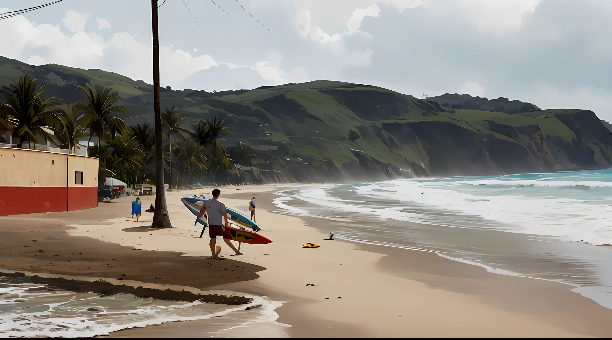Stand on the beach, stand next to the surfboard, with the sea as a background, pose for a photo