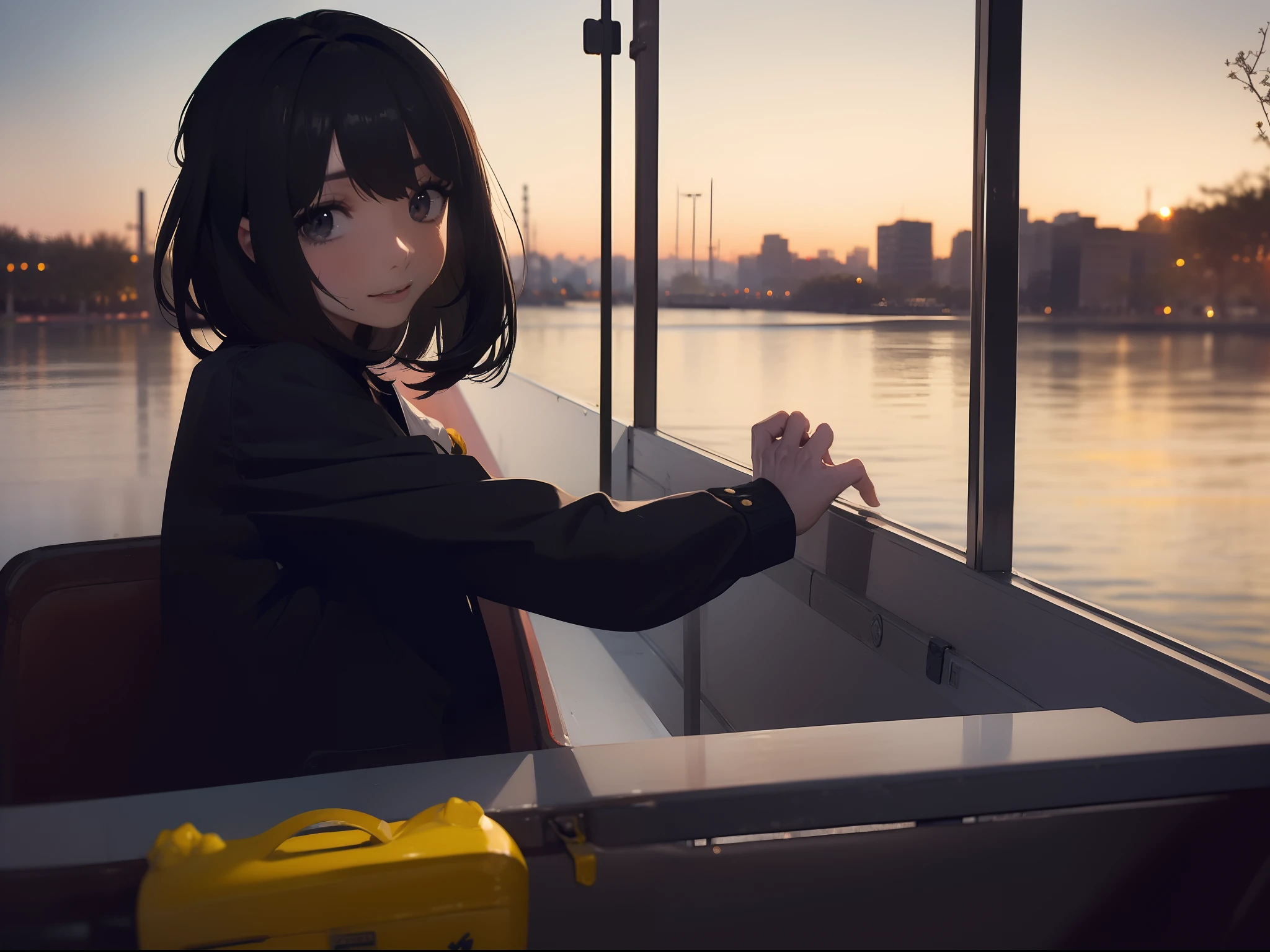 ((((Catch big fish by the lake)))),((Best Quality, masutepiece :1.5)),((( Large Mouth Bus:1.2))),(((Hands with the correct number of fingers and structure:1.4)))hight resolution,ultra-detailliert,​masterpiece,best qualtiy,(1 Female Elderly 22),Black hair, long eyeslashes, Solid Circle Eyes, deadpan, drop shadow, Atmospheric perspective,Super Detail, ccurate, small brest,(Black jacket :1.1),top-quality, blurry backround, bokeh dof:1.2, (​masterpiece:1.3),  Atmospheric perspective,Super Detail,dynamic compositions