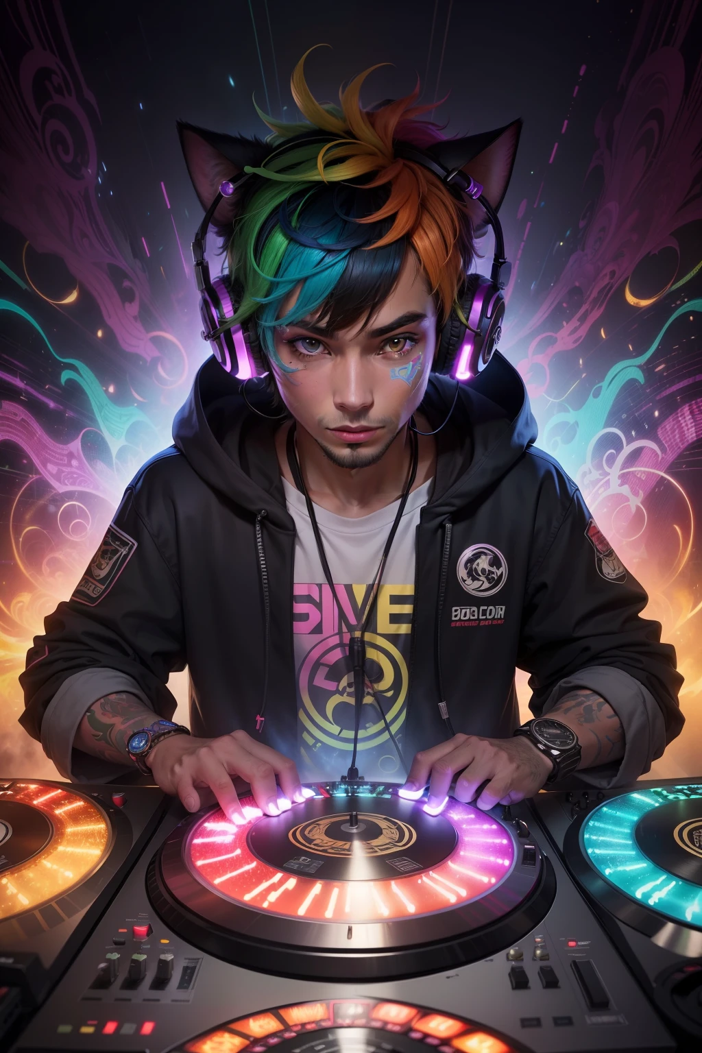 Explore the unique energy and laid-back attitude of a DJ cat in this detailed and vibrant image. With its lush coat adorned by vibrant colors and psychedelic patterns, This primate radiates freedom of expression and a deep search for connection with nature. His bright, focused eyes reveal a passion for music and the art of entertaining. The rays of multicolored lights emanating from your mixing equipment create a magical and enveloping aura around you. Sinta-se inspirado(a) to capture the essence of this psychedelic portrait, conveying a message of unity and harmony through its visual interpretation, as you let yourself be carried away by the contagious energy of this primate DJ and his relentless search for connection with music and nature