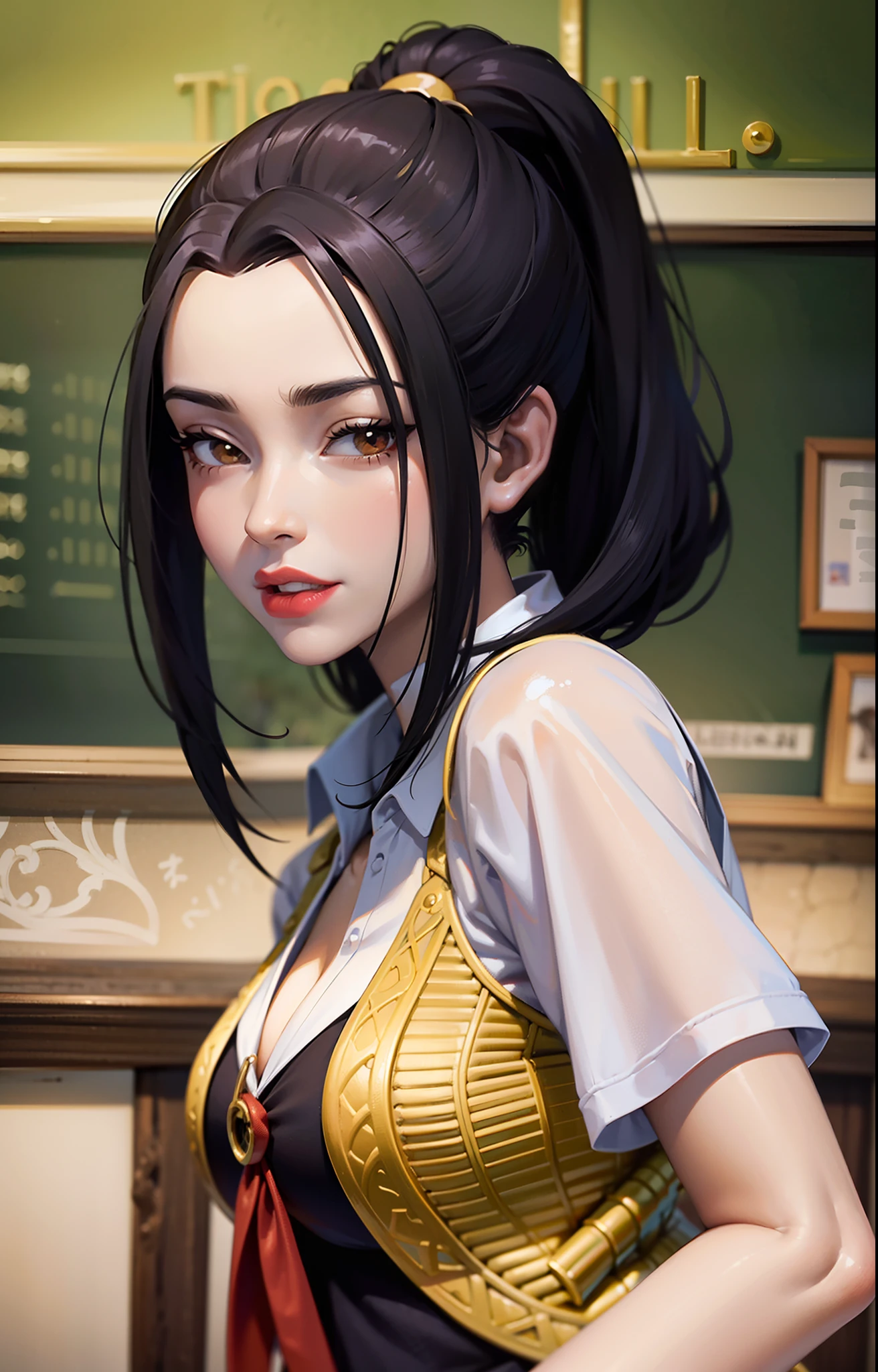 Obra maestra, La mejor calidad, solamente, 1girl, Azula, boca cerrada, sonrisa afectada, maquillaje, escote, (Camisa blanca, minifalda, bragas), caderas anchas, ASS, grande, En pie, Piernas separadas, lipstick, Mirando al espectador, Antecedentes escolares, Escritorios, blackboard, erotismo, Gyaru, colegiala-