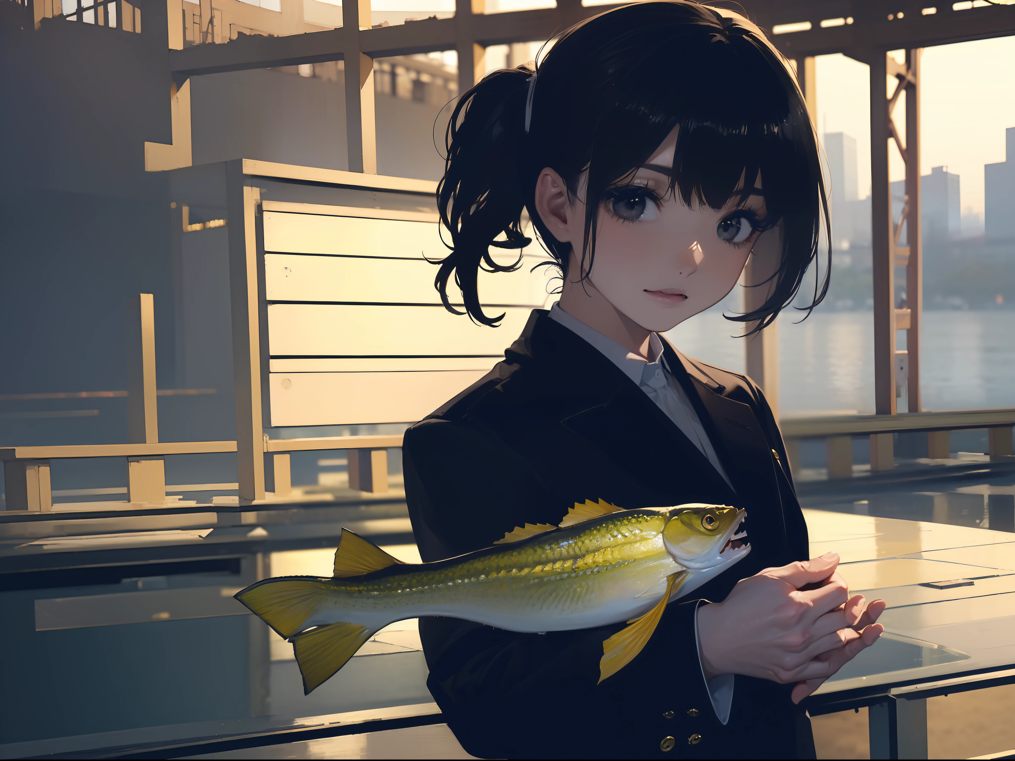 ((((Catch big fish by the lake)))),((Best Quality, masutepiece :1.5)),((( Large Mouth Bass:1.2))),(((Hands of the correct structure:1.4)))hight resolution,ultra-detailliert,masterpiece,best qualtiy,(1 Female Older Japan 22),Black hair, long eyeslashes, Solid Circle Eyes, deadpan, drop shadow, Atmospheric perspective,Super Detail, ccurate, small brest,(Black jacket :1.1),top-quality, blurry backround, bokeh dof:1.2, (masterpiece:1.3), Atmospheric perspective,Super Detail,dynamic compositions