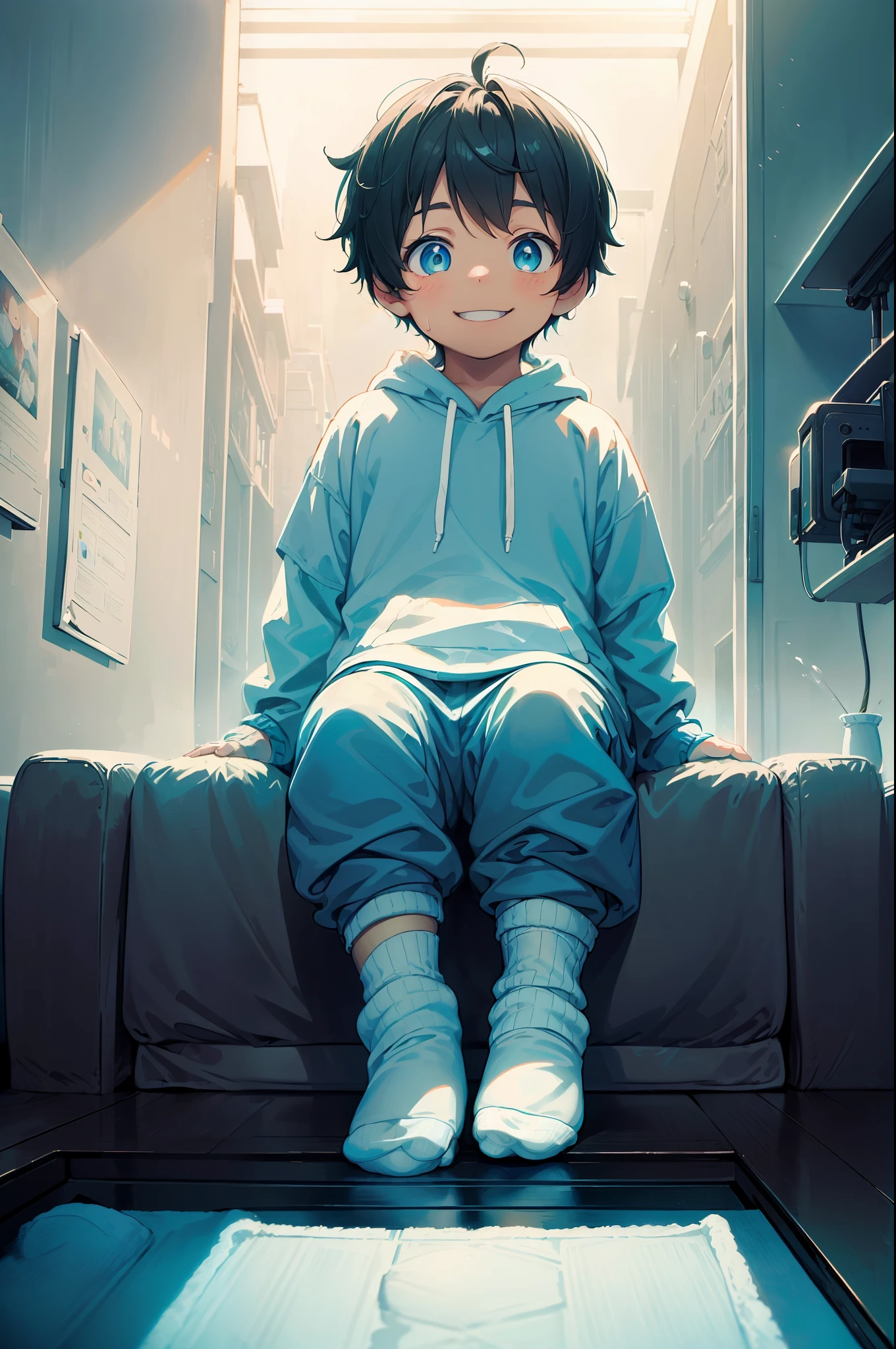 Masterpiece, chubby Little boy with dark cyan hair and shiny gold colored eyes and small socks wearing a hoodie, and oversized sweatpants sitting on a couch watching tv in a dark room and showing his soles, raining outside window, young, boy, child, small, toddler, soft light, (sweatpants:1.4), (undersized socks:1.8), (Boy:1.4), (Shota:1.4), (Young:1.4), (Male:1.4), (smiling:1.4), (foot:1.4), (shy:1.4), (pastel:1.0), (colors:1.0), (cute colors:1.0), (night:1.0),