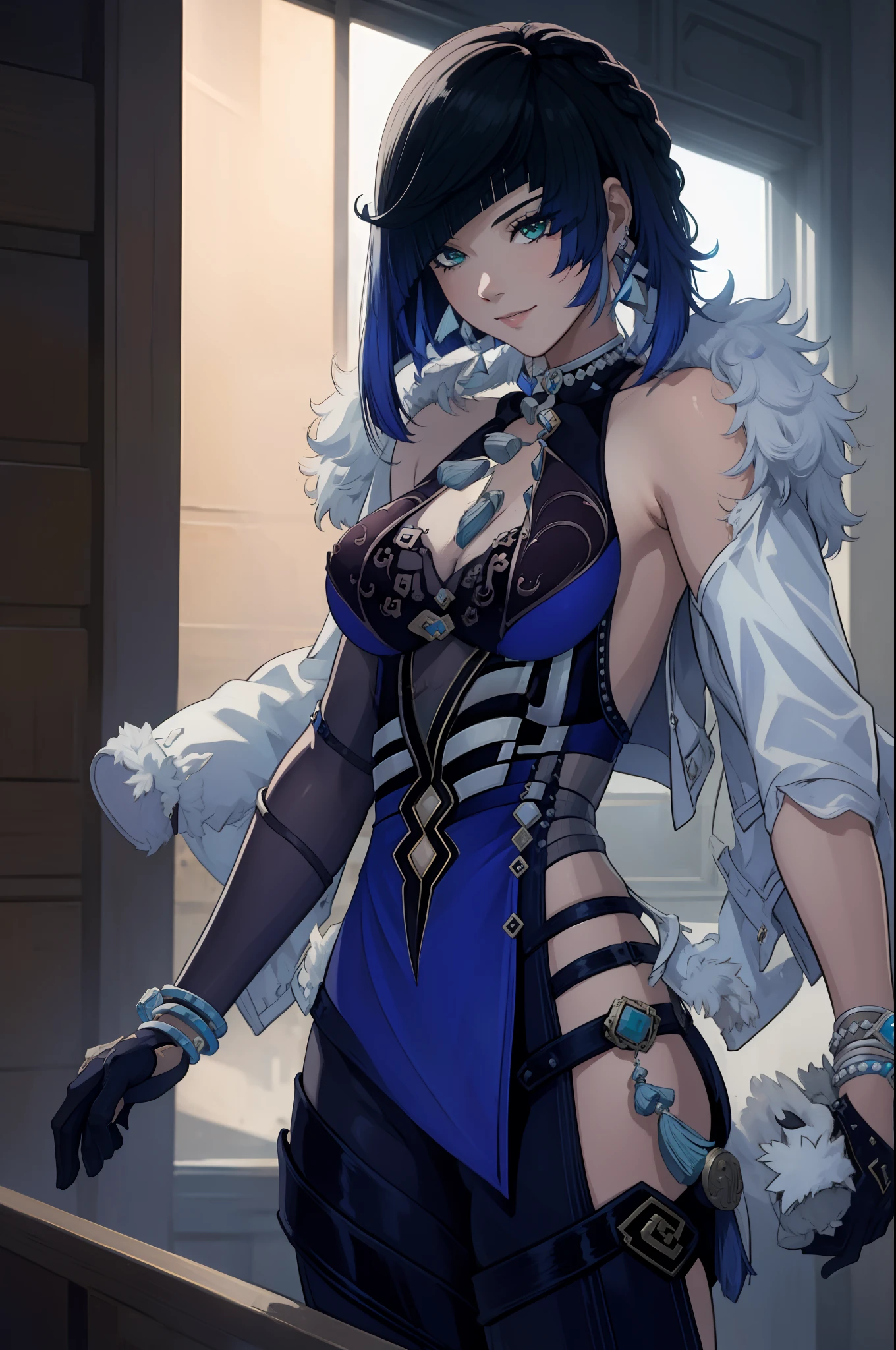 masterpiece, best quality, YelanV4, 1girl, solo, looking at viewer, blush, smile, large breasts, gloves, dress, cleavage, jewelry, green eyes, jacket, earrings, armpits, fur trim, blue dress, white jacket, tassel, arms behind back, pelvic curtain, mole on breast, jacket on shoulders, vision (genshin impact), purple lips, dice, masterpiece, (((detailed fingers))best quality, highly detailed, masterpiece, best quality, 1girl, solo, barefoot, blue shirt, long sleeves, blush, feet, toes, looking at viewer, , Naked, NSFW, (high resolution), (masterpiece:1.6, best quality), (finely detailed beautiful eyes: 1.2), ultra-detailed, (extremely detailed CG unity 8k wallpaper), (masterpiece), (best quality), (ultra-detailed), (best illustration), (best shadow), (absurdres), (detailed hand), solo, looking at viewer, smile, presenting armpit, armpit, arm up, lumen reflections, natural lighting, evocative, triadic color scheme, cowboy shot, elegant, voluptuous:0.6, looking at viewer, female, solo, blush, open mouth, smile, teeth, bare shoulders, arms behind head, navel, solo, barefoot, looking at viewer, thighs, parted lips, arms up, topless, 1girl, armpits, (small breasts), ((naked)) (nipples), Exposed side breasts, raised arms showing sweaty armpits, shy, (intricate details), colorful, full-body portrait, capture excellent full-body shots, (white bed sheet:1.2), dakimakura, lying on bed, detailed feet, on back, (crotch), (groin), (finely detailed eyes and detailed face:1.3), (skindentation), lustrous skin, wide hips, anime nose, toddler face, (tsurime:1.3, eyeliner, sharp eyelashes:1.2, solid eyelid), messy hair, unkempt, (wet body), (dripping sweat), choker, bare shoulders, see-through, emotionless face, naughty face,