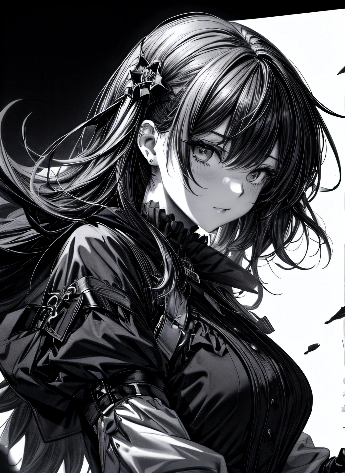 Gothic punk、actionpose、Overflowing、cheerfully、（Manga style）、（Comic ???? Style）、(linear art_Anime)、（black-and-white）、(monotone_strong contrasts)、小柄,Solo_girl, ​masterpiece, top-quality, beautifully drawn, ighly detailed, Aesthetic painting, (Lora Add Details:1.0),hi-school girl、Straight hair、Long Sleeve Gothic Dress、