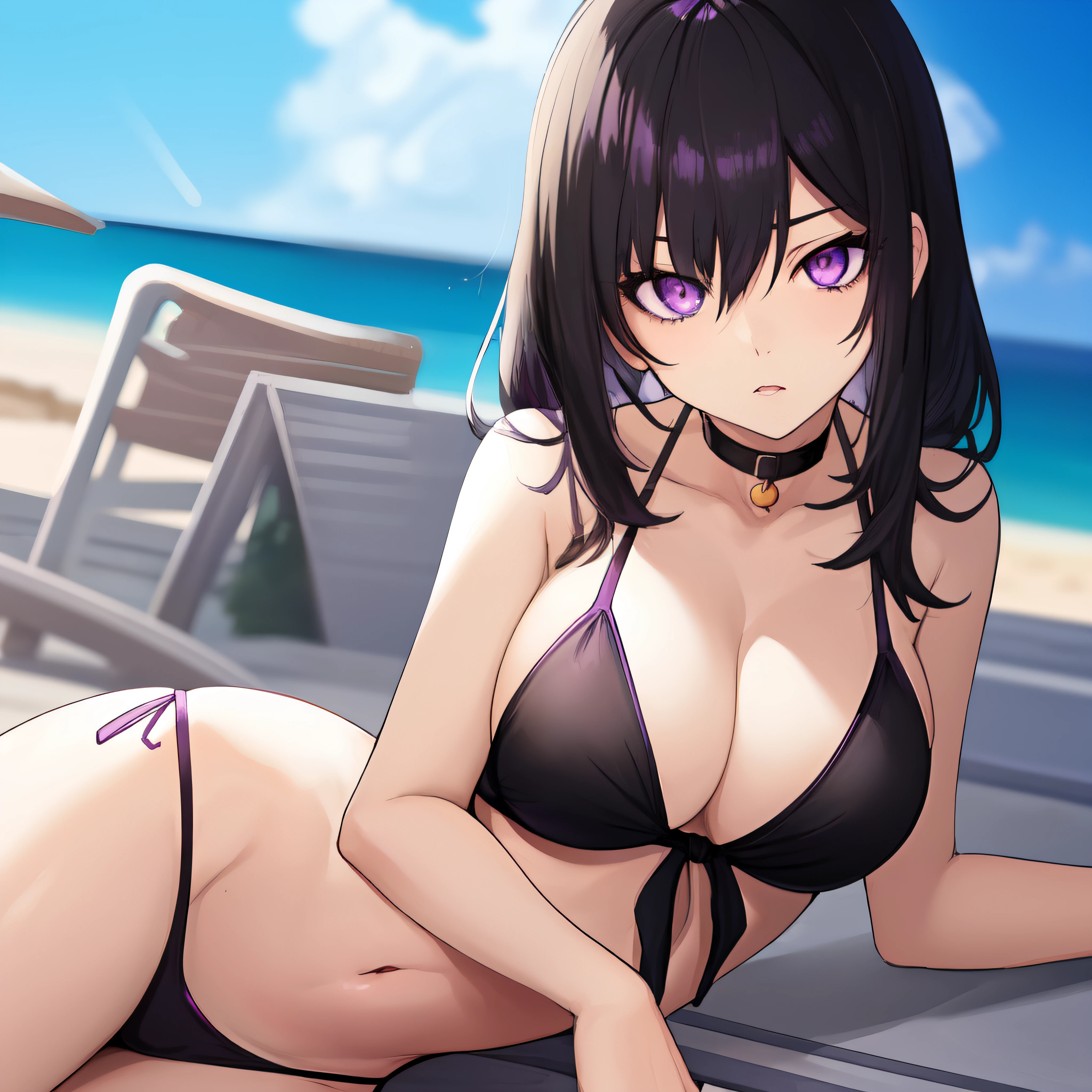 Anime girl, black hair, purple eyes, bikini, large breasts, sexy, skinny