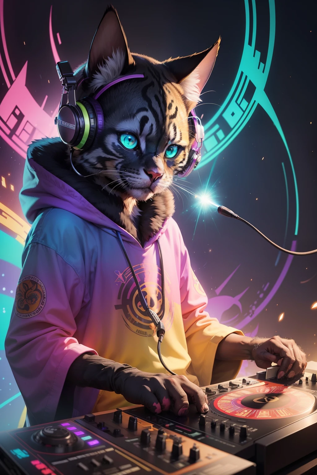 Explore the unique energy and laid-back attitude of a DJ cat in this detailed and vibrant image. With its lush coat adorned by vibrant colors and psychedelic patterns, This primate radiates freedom of expression and a deep search for connection with nature. His bright, focused eyes reveal a passion for music and the art of entertaining. The rays of multicolored lights emanating from your mixing equipment create a magical and enveloping aura around you. Sinta-se inspirado(a) to capture the essence of this psychedelic portrait, conveying a message of unity and harmony through its visual interpretation, as you let yourself be carried away by the contagious energy of this primate DJ and his relentless search for connection with music and nature