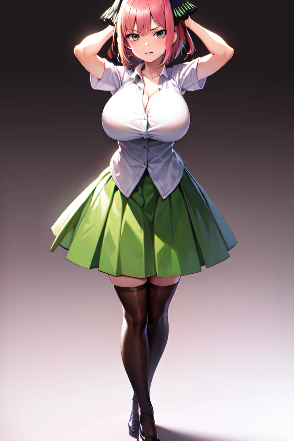 masterpiece, best quality, highres, Nakano nino, 1girl, solo, pink hair, short hair, busty, butterfly hair ornament, large breasts, cleavage, green skirt, white shirt, collared shirt, open clothes, black thighhighs, short sleeves, skirt lift, looking at viewer, annoyed, blush, full body, standing, simple background, arms behind head, (erotic pose:1.4)