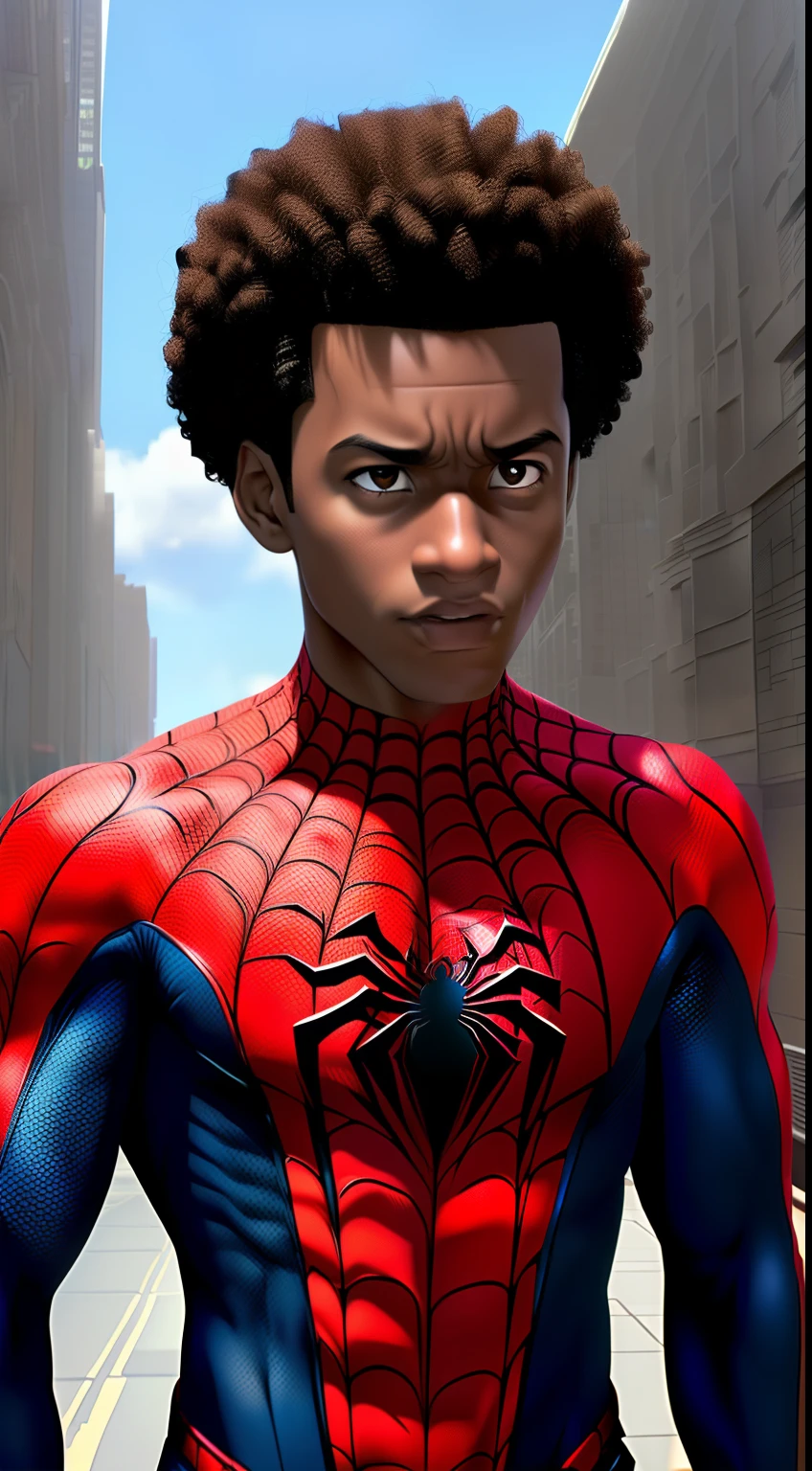 Best quality, masterpiece, high resolution, 1 male, miles morales, spiderman,, curly hair, Tindal effect,ism realism, dark studio, edge light, two-tone light, (high-detail skin: 1.2), 8K UHD, DSLR, soft light, high quality, volumetric light, photo, resolution high 4K,8K, clear background,