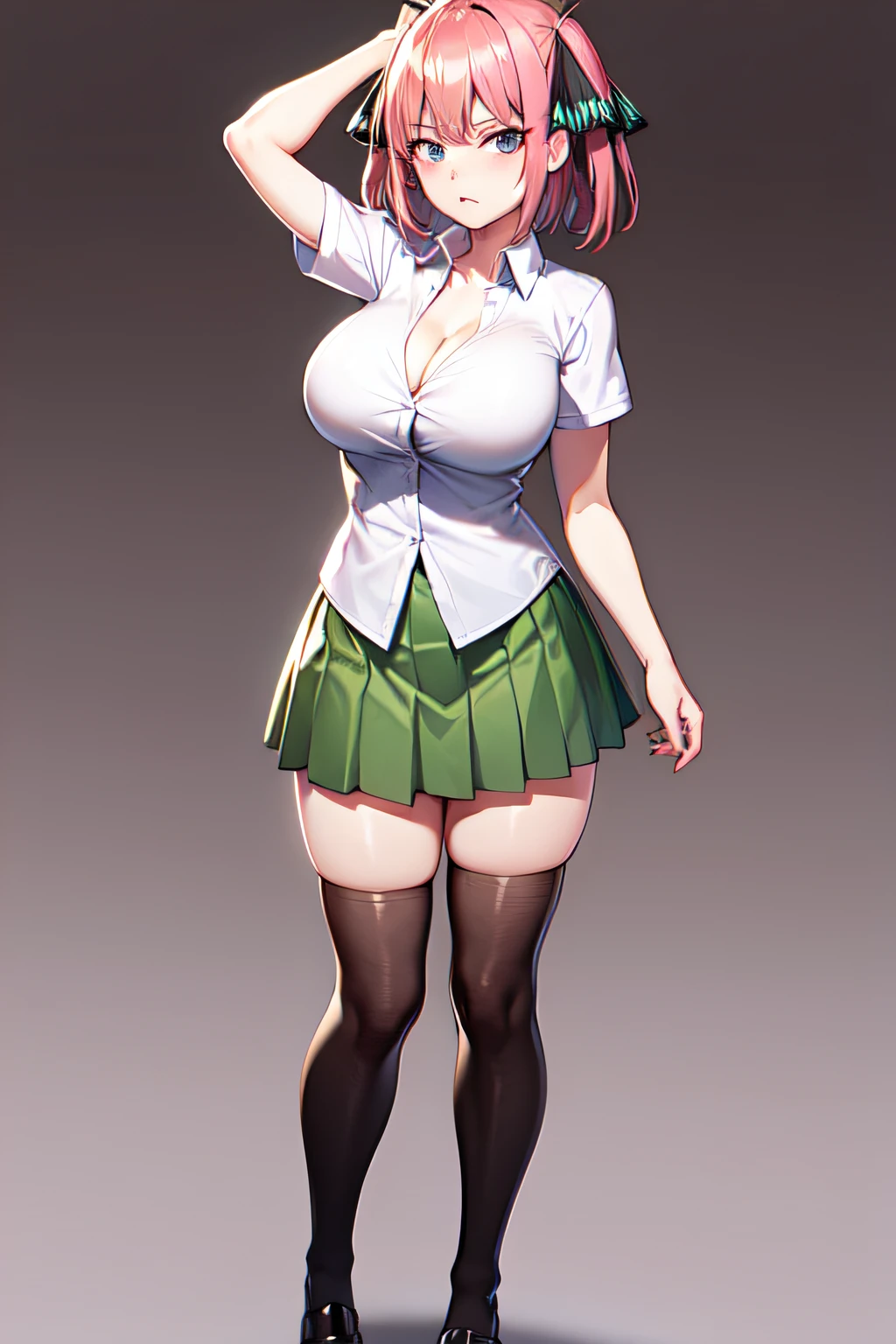 masterpiece, best quality, highres, Nakano nino, 1girl, solo, pink hair, short hair, busty, butterfly hair ornament, large breasts, cleavage, green skirt, white shirt, collared shirt, open clothes, black thighhighs, short sleeves, skirt lift, looking at viewer, annoyed, blush, full body, standing, simple background, arms behind head, (erotic pose:1.4)