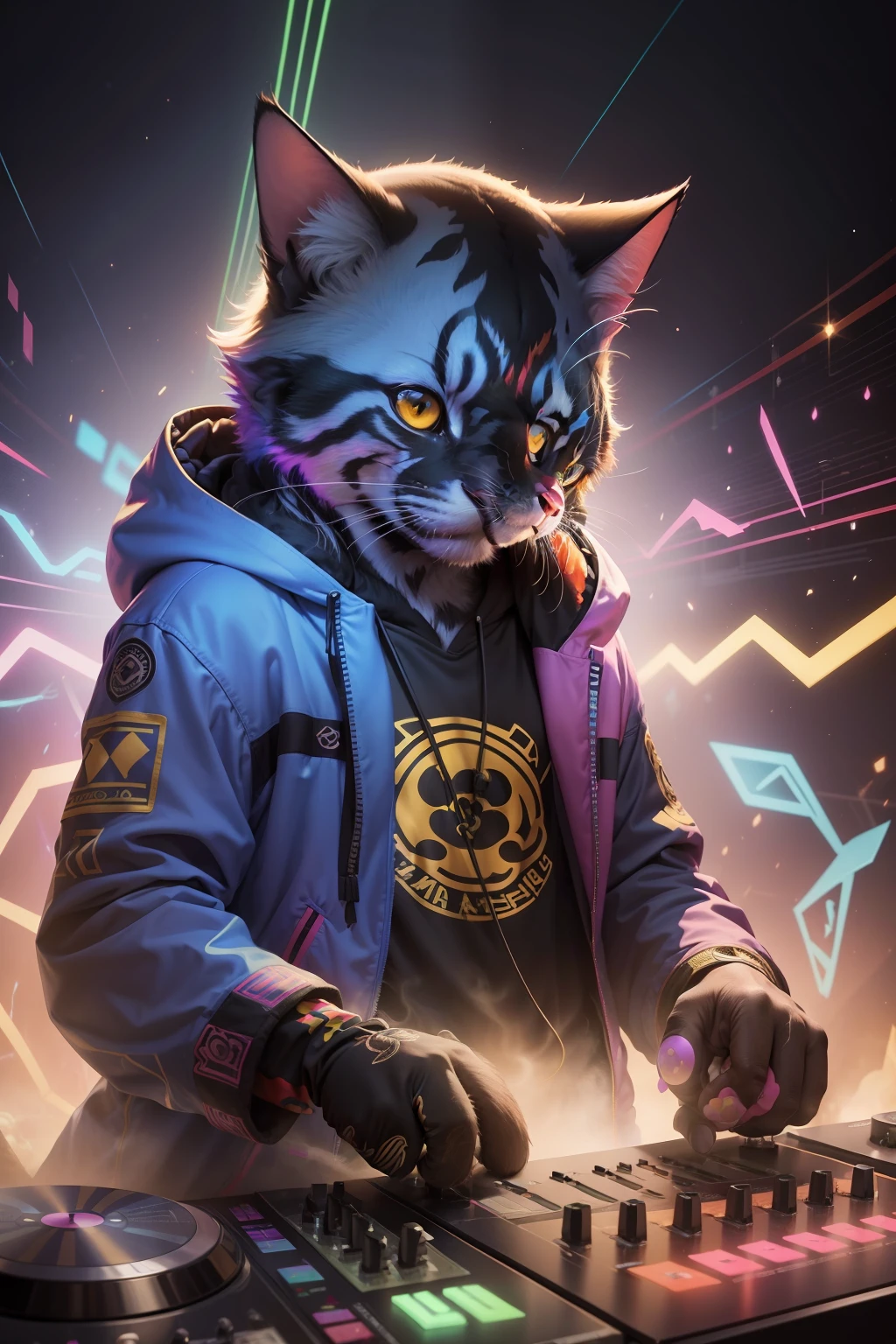 Explore the unique energy and laid-back attitude of a DJ cat in this detailed and vibrant image. With its lush coat adorned by vibrant colors and psychedelic patterns, This primate radiates freedom of expression and a deep search for connection with nature. His bright, focused eyes reveal a passion for music and the art of entertaining. The rays of multicolored lights emanating from your mixing equipment create a magical and enveloping aura around you. Sinta-se inspirado(a) to capture the essence of this psychedelic portrait, conveying a message of unity and harmony through its visual interpretation, as you let yourself be carried away by the contagious energy of this primate DJ and his relentless search for connection with music and nature