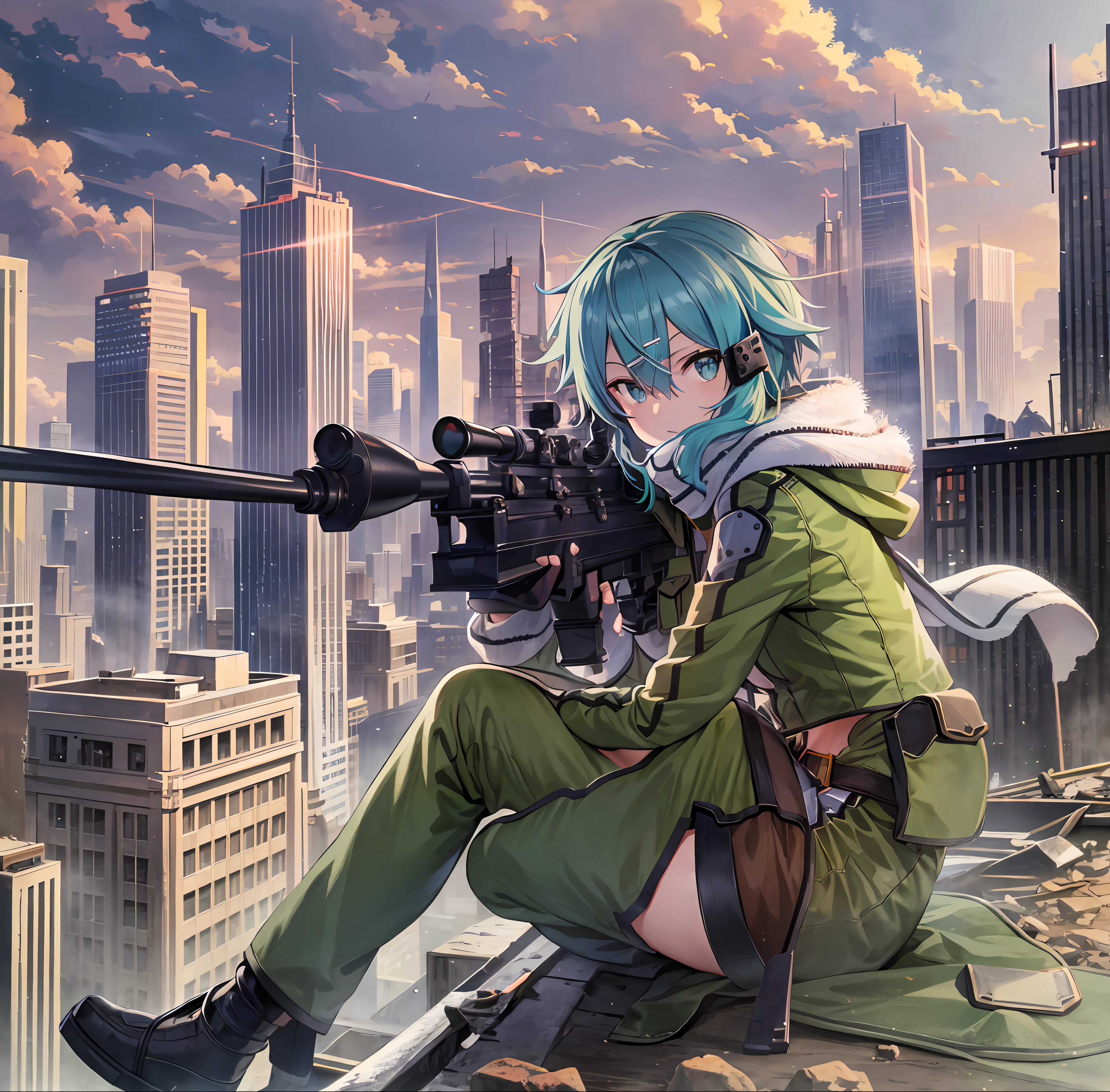 masterpiece, best quality, highres, 1girl, sinon1, scarf, fingerless gloves, long sleeves, short black shorts, hair ornament, hairclip, green thighhighs, green jacket, thigh strap, cowboy shot, holding weapon, sniper rifle, ruins, sitting, (sword art online), scoping, using the sniper, holding the sniper rifle, looking in scope, looking into the sniper rifle scope, shooting, hdr, urban, rooftop, collapsed buildings, war, catastrophe, disaster,