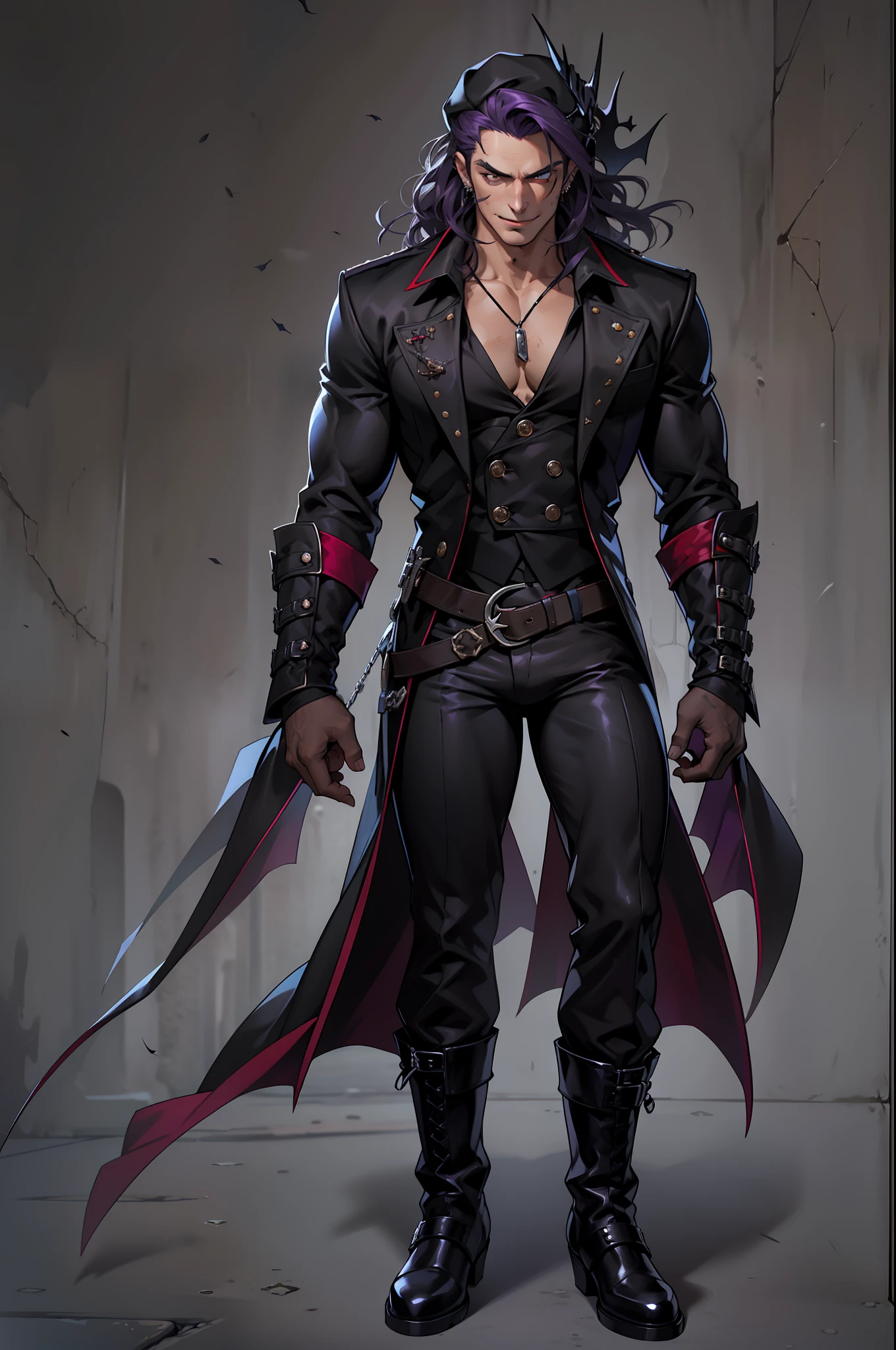 Handsome male. Dark silky purple hair, amber eyes, lean and muscular build, with a sharp jawline and a devilish smile. I'm dressed in fine black clothes and have a silver stake tucked in my sleeve. Vampire. Bara. Bulge in pants. Black boots. Piercings. Wavy hair. Freckles. Dimples. Brown skin, costume of vampire hunter, hat
