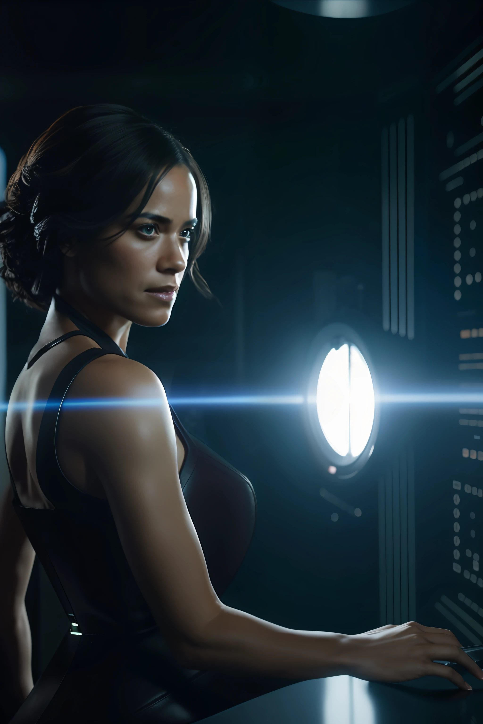 Paula patton as a Sci fi scientist working on a Ishimura space Ship photography, natural light, photorealism, cinematic rendering, ray tracing, the highest quality, the highest detail, Cinematic, Third-Person View, Blur Effect, Long Exposure, 8K, Ultra-HD, Natural Lighting, Moody Lighting, Cinematic Lighting