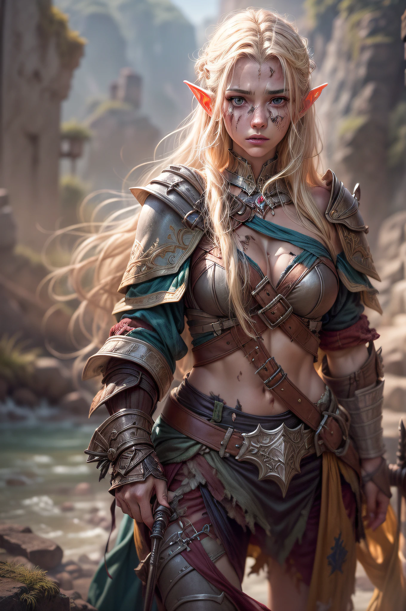 1girl, ((medium chest)), (cut stomach: 1.1), (perfect body: 1.1), (long straight hair: 1.2), ((blonde shiny hair)), (blue eyes), full body, elf, skin pale, wearing barbarian equipment, extremely detailed and shabby leather breastplate, cloths covering the torn and shabby body, extremely torn and shabby clothes, body with many highlighted and detailed scars, image depicting an elven warrior after battle some scratches, marks on the body , very serious and concentrated expression wandering the riverside. Huge, exaggeratedly detailed and heavily battle-damaged sword. (extremely detailed 8k CG wallpaper), (extremely delicate and beautiful), (masterpiece), (best quality: 1.0), (ultra high resolution: 1.0), beautiful lighting, perfect lighting, realistic shadows, [high resolution ], detailed skin, ((skin texture)), super detailed (((colorful)))