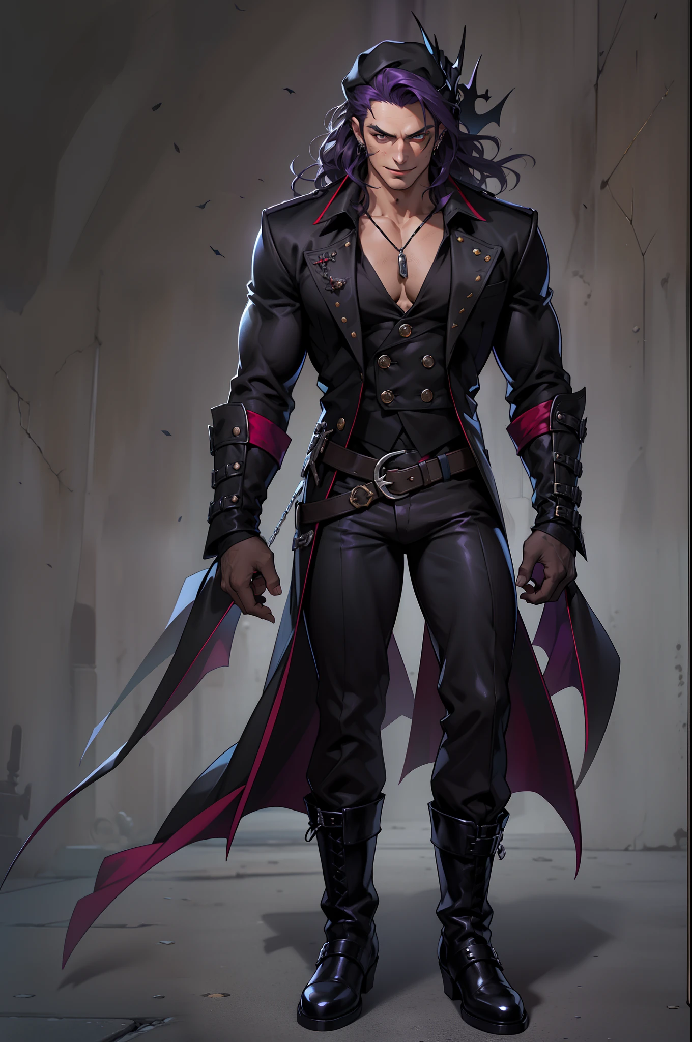 Handsome male. Dark silky purple hair, amber eyes, lean and muscular build, with a sharp jawline and a devilish smile. I'm dressed in fine black clothes and have a silver stake tucked in my sleeve. Vampire. Bara. Bulge in pants. Black boots. Piercings. Wavy hair. Freckles. Dimples. Brown skin, costume of vampire hunter, hat