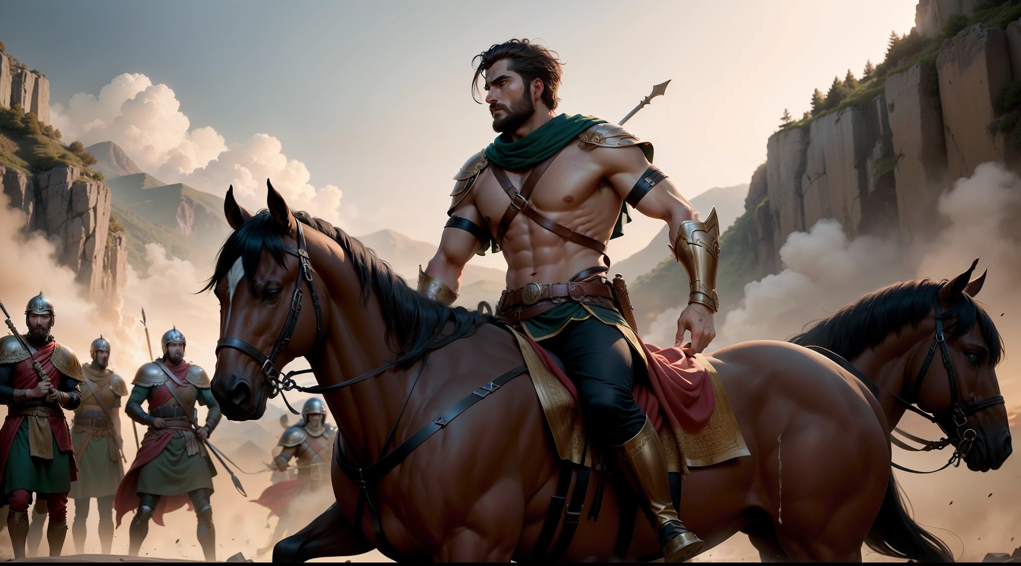 Produce a series of images depicting different aspects of the Battle of Thermopylae and the demonstration of courage of the three hundred Spartans. Include scenes depicting the Persian army under Xerxes, King Leonidas' bold decision to confront the threat, the personal guard of three hundred Spartans in the gorge of Thermopylae, the tension and courage shown by soldiers in the face of adversity, a batalha em si, the sacrifice of the three hundred Spartans and the eventual victory of the Greeks over the Persians at Salamis and Plataea. Transmita a ideia de coragem, Sacrifice and unity in his images." 8k, cinematografico,