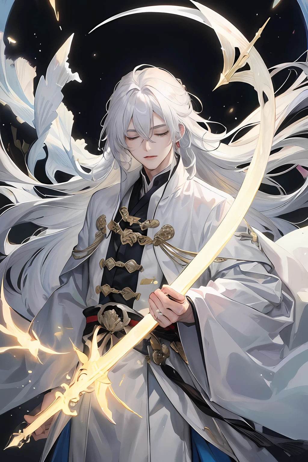 ((Official fine art,tmasterpiece)):0.9,Sharp focus,1 boy,China-style,Oriental fantasy,long white robe,long white hair,apathy,high and cold,A male god,Long sword at the waist,bamboo forrest,cold shades,gloom,Long black hair fluttering in the wind,Bunched hair,Sword eyebrows,Close your eyes。