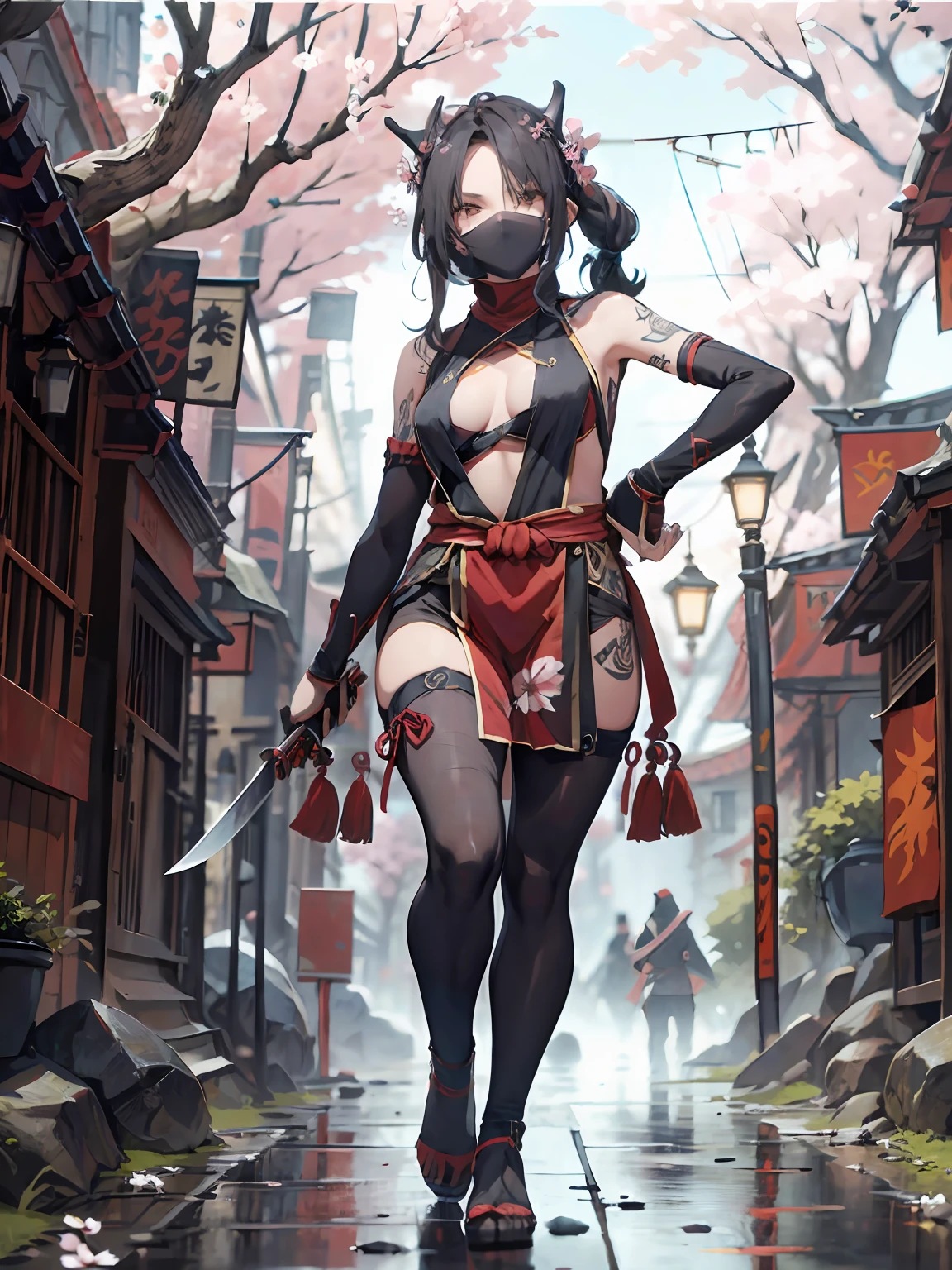 , Close Shot, focus on girl,Random Pose,Female ninja on the way to her enemy,sexy full body, ponnytail hair, Skull Drawing Mask,Sexy ninja costume, Holding a metal combat knife in his hands,tattoo,Japanese pagoda BREAK,pond, Cherry blossom tree, Kunai and Shuriken were lying around,Artwork,3d,4k,Detailed,Realistic,Highly detailed 4K digital art,Octane Render, bioluminic, BREAK 8K resolution concept art, Realism,by Mappa studios,Masterpiece,Best Quality,official arts,illustartion,clear line,(Cool_Color),Perfect composition,absurdress, Fantasy,Focused,the rule of thirds