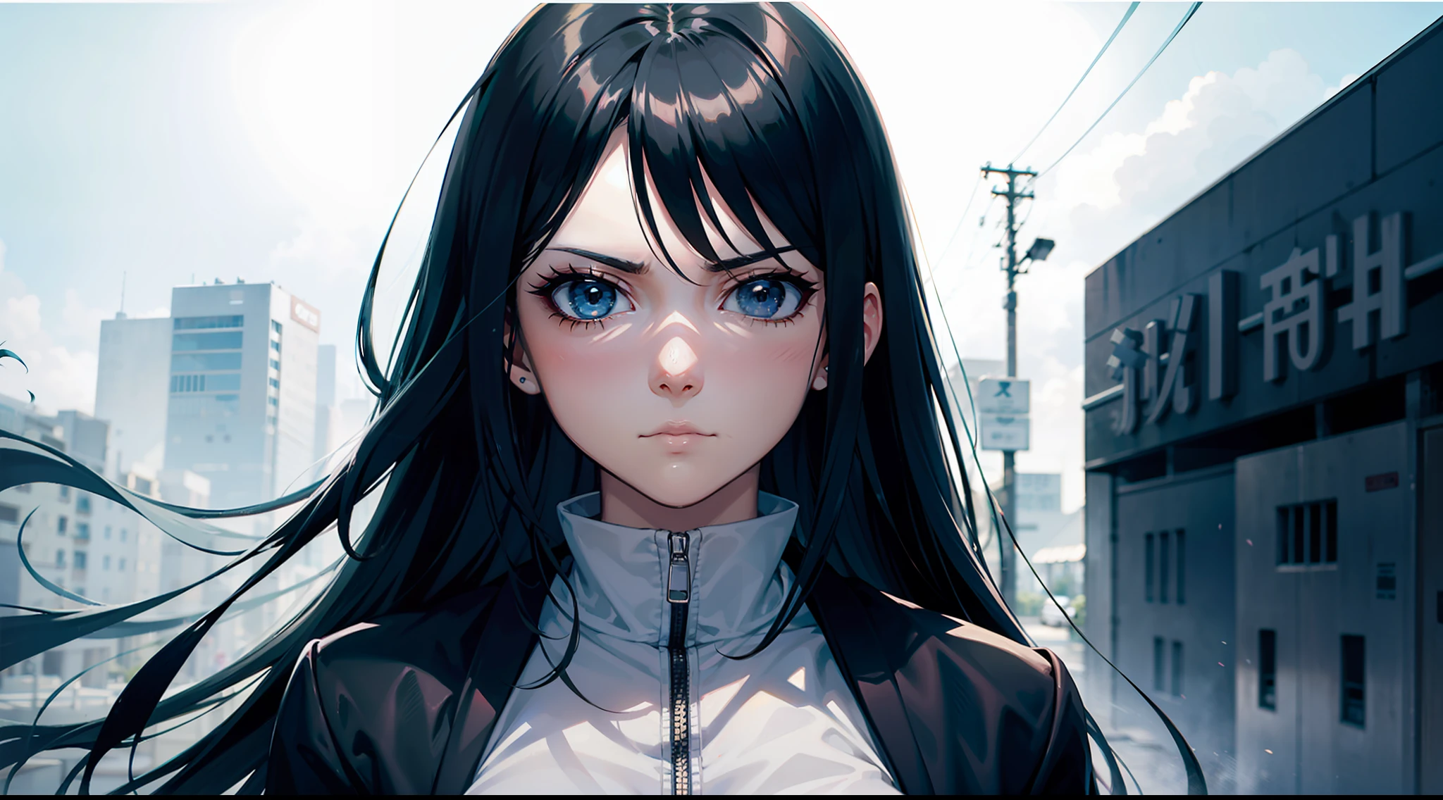 An illustration of a white woman with long black hair, usando uma roupa jounin do anime Naruto, corpo musculoso, olhos brancos, murderous expression, solo. Illustration inspired by: Masashi Kishimoto. Temperatura de cor: Tons Cool. face expression: Serious. The lighting: macio, luz difusa. atmosfera: Intenso e determinado.--v 5 --estilize 1000 --niji 5