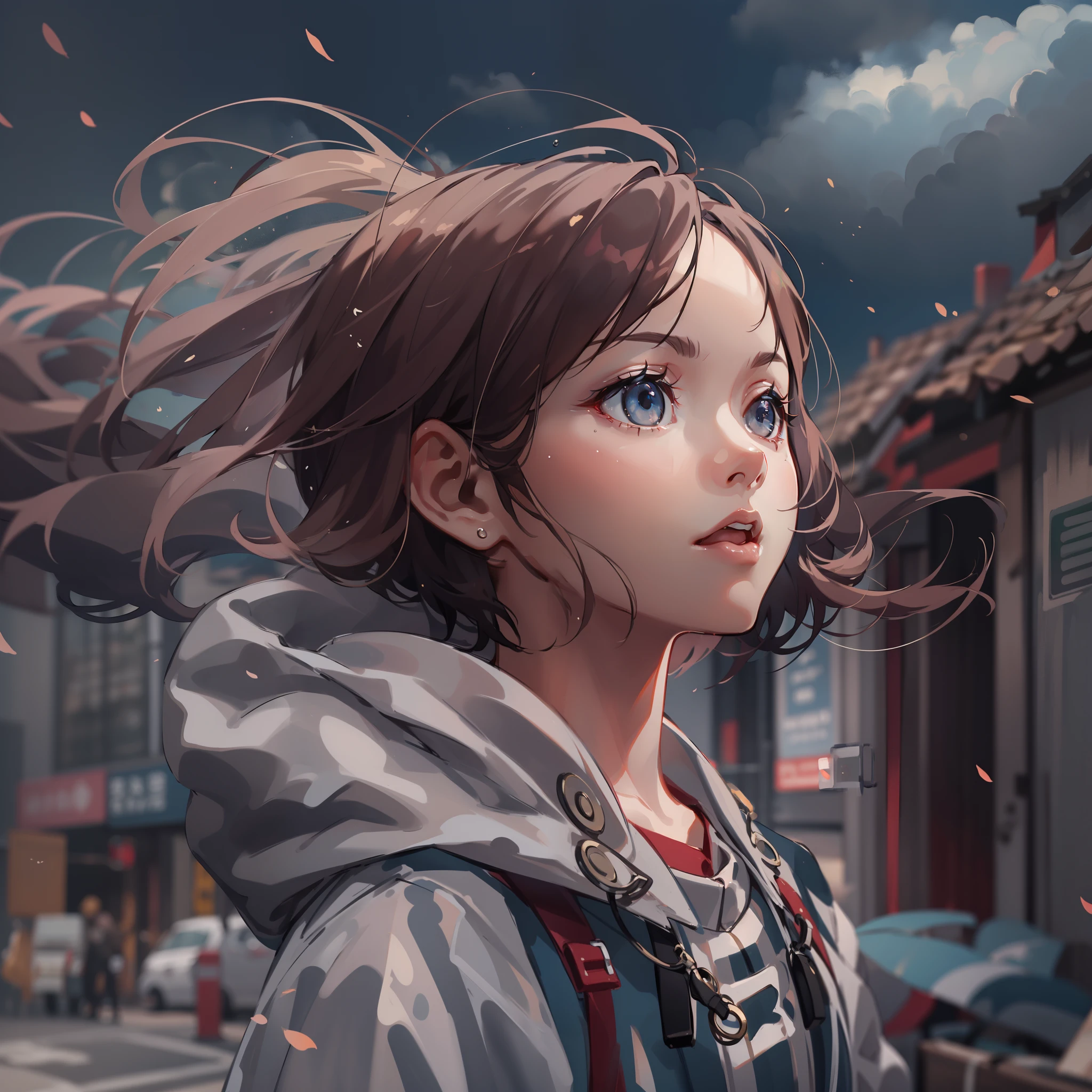 very cute female child:1.1,10 yo,Long hair,flat chest,Wind:1.8,looking away,looking at sky,sunlight, dazzling, cloud,storm:1.5,admire,city, roof,Garbage blows away:1.6,Blown away by the wind:1.8,Wear a raincoat:1.6,Exposure to strong winds:1.6,bao phan:1.8,full body shot:1.6,medium shot:1.7,(4K), (Raw photo: 1.2), (Realism: 1.4), (masutepiece: 1.3), (exquisite detailing: 1.2), Delicate and beautiful details, (Eye Detail), (Facial Detailed), (Highest Quality) :1.4), (Hyper-Resolution: 1.2),(very detailed illustration), Best Quality,depth of fields, Wide light, natural shadows