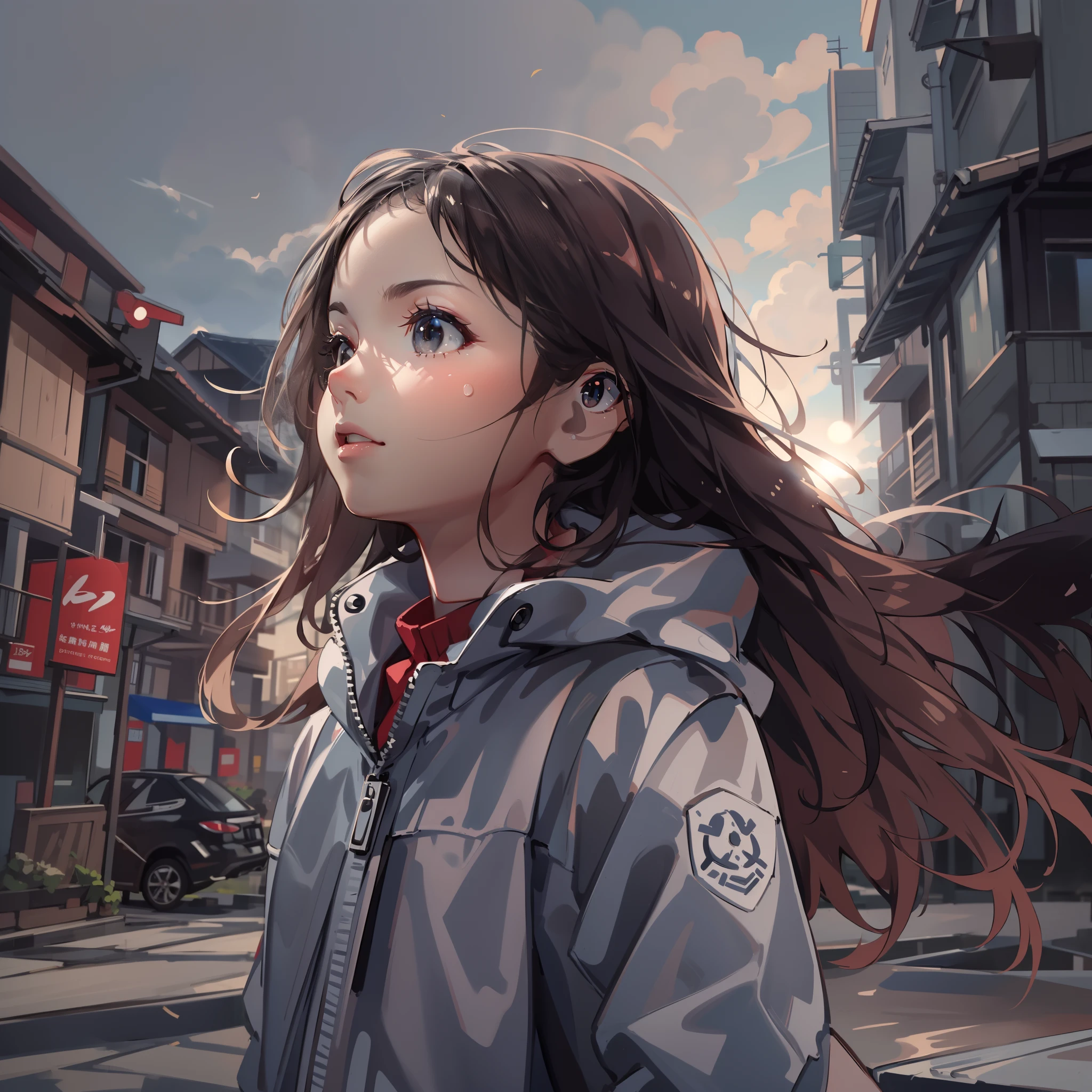 very cute female child:1.1,10 yo,Long hair,flat chest,Wind:1.8,looking away,looking at sky,sunlight, dazzling, cloud,storm:1.5,admire,city, roof,Garbage blows away:1.6,Blown away by the wind:1.8,Wear a raincoat:1.6,Exposure to strong winds:1.6,bao phan:1.8,full body shot:1.6,medium shot:1.7,(4K), (Raw photo: 1.2), (Realism: 1.4), (masutepiece: 1.3), (exquisite detailing: 1.2), Delicate and beautiful details, (Eye Detail), (Facial Detailed), (Highest Quality) :1.4), (Hyper-Resolution: 1.2),(very detailed illustration), Best Quality,depth of fields, Wide light, natural shadows