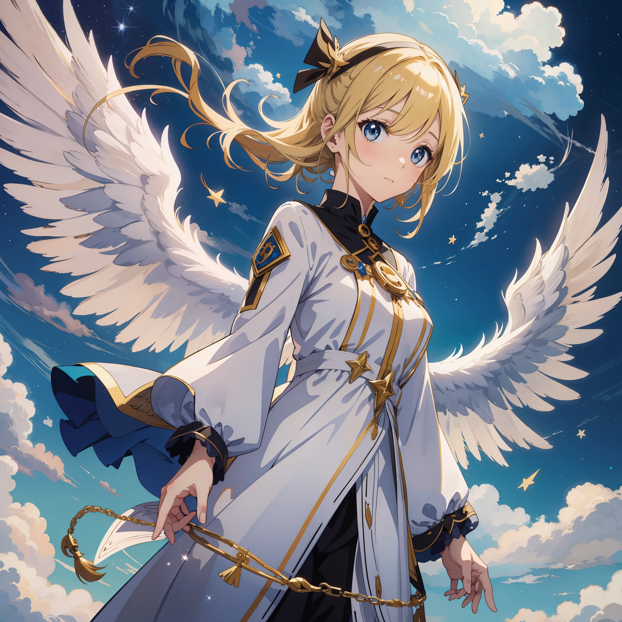 (obra-prima) An anime angel with white wings and blonde hair in an anime sky with cute clouds and bright stars. Realista