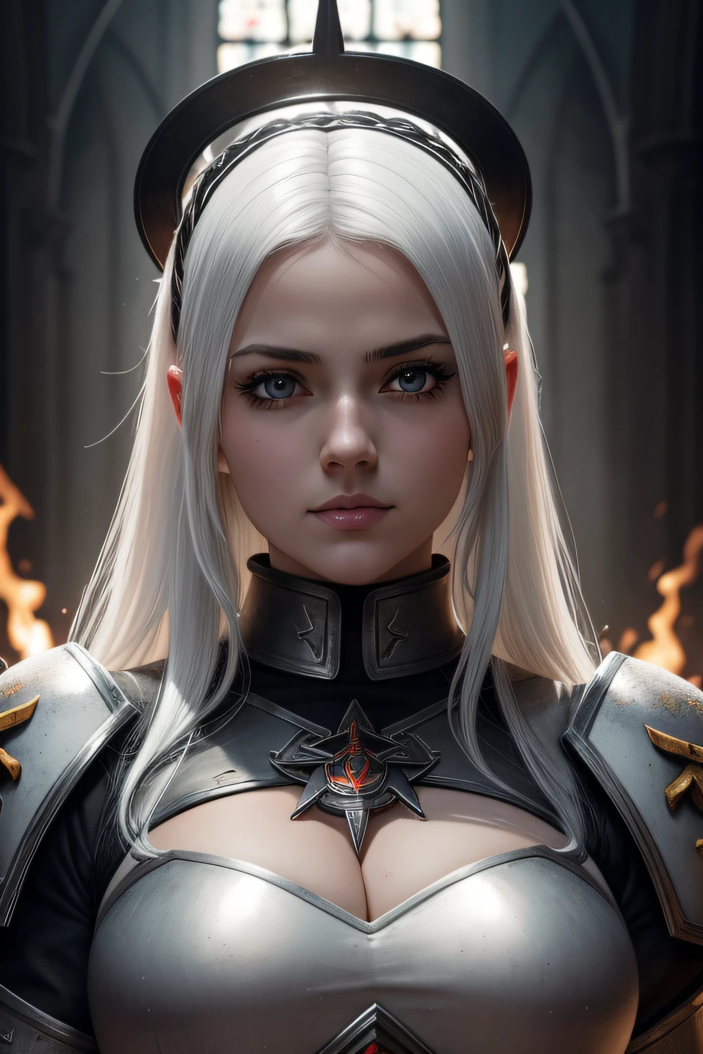 holy fire, woman, dark, hell fire, burning, nsfw, cute face, 1girl, sisters of battle, adepta sororita, white hair, Power armor, Warhammer 40000, photorealistic, holy light, divine, combat, adepta sororita, breasts, white armor, a